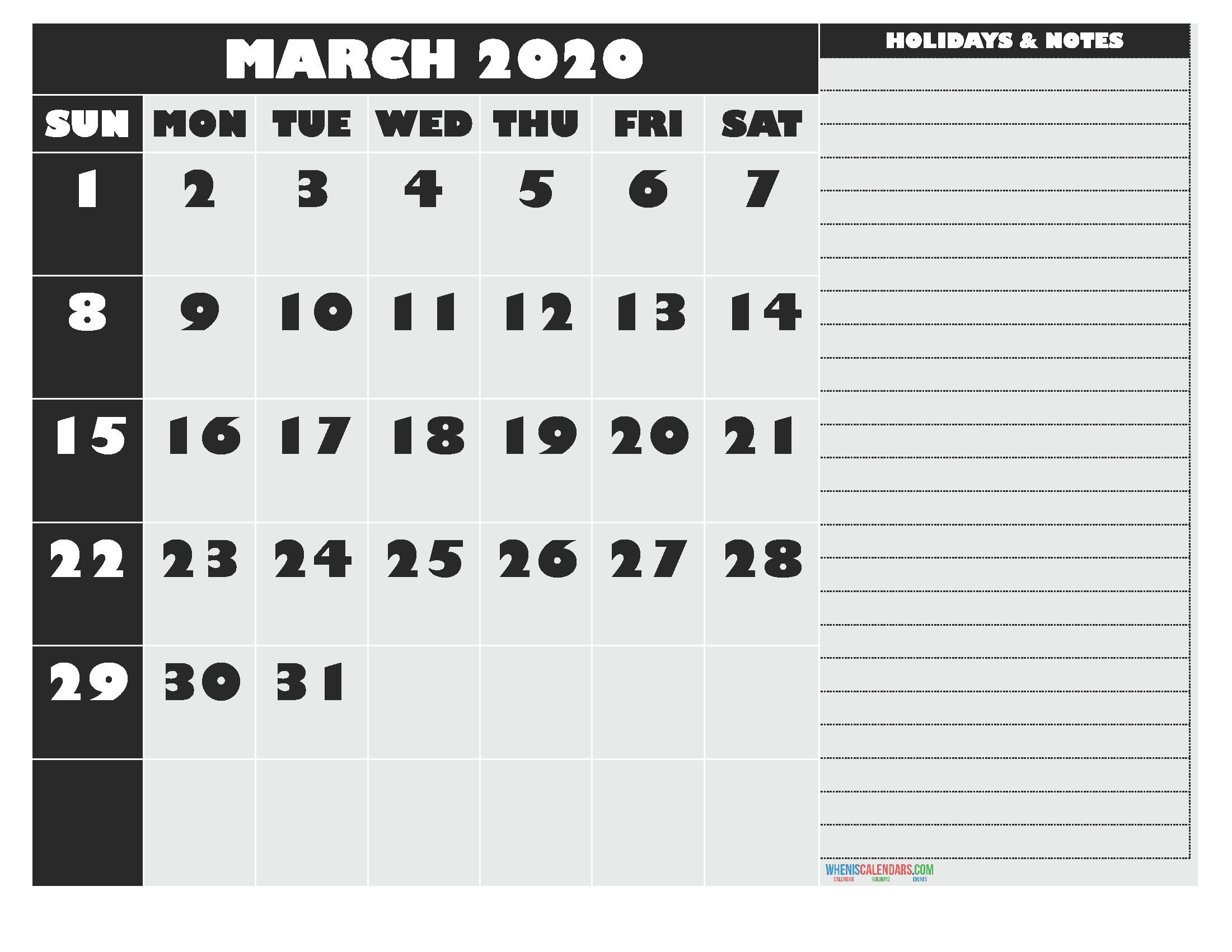 Free Printable 2020 Monthly Calendar with Holidays March