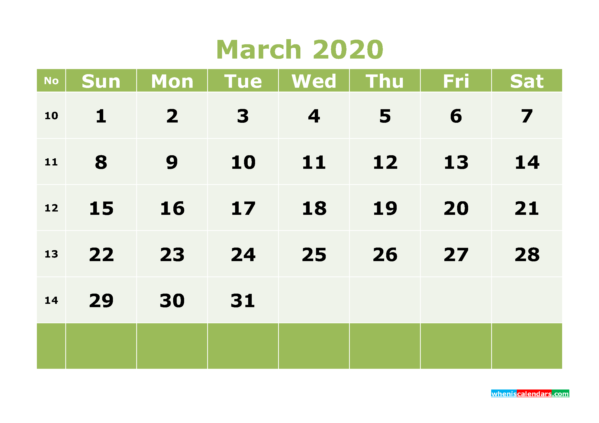 Printable March 2020 Calendar with Week Numbers