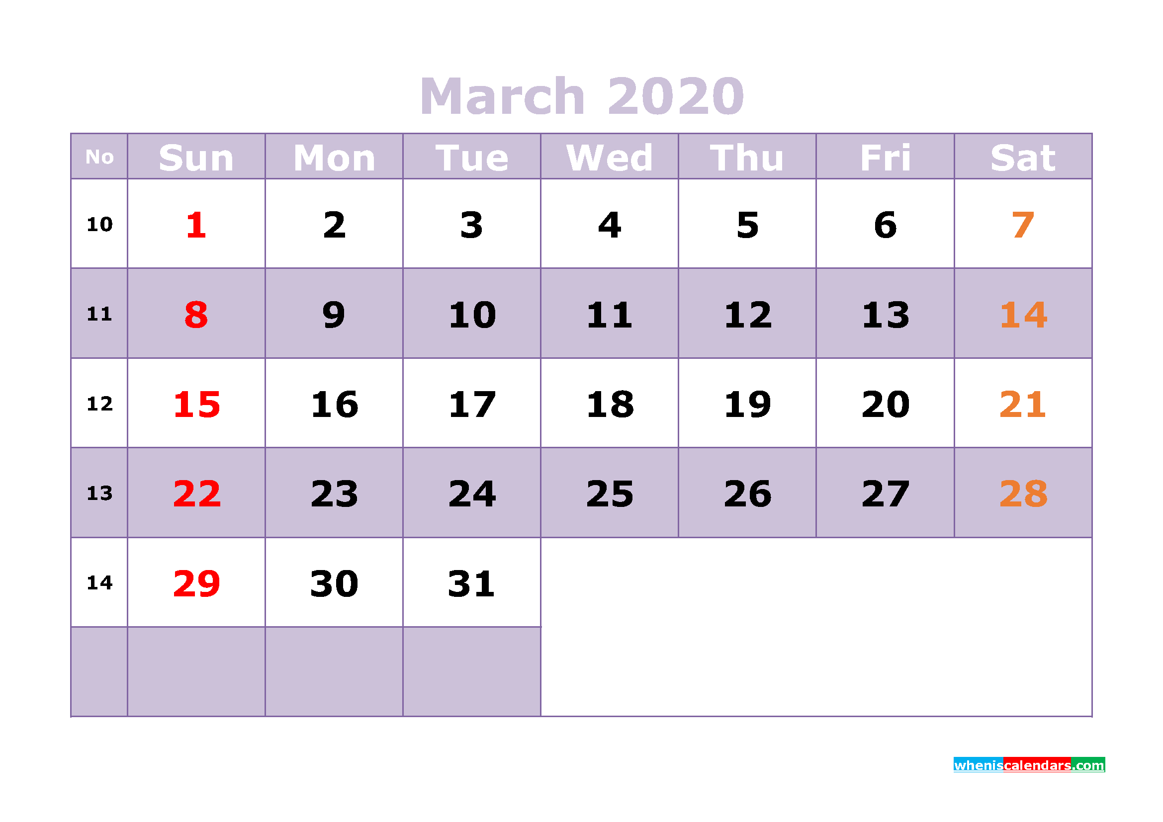 Free Printable March 2020 Calendar Templates