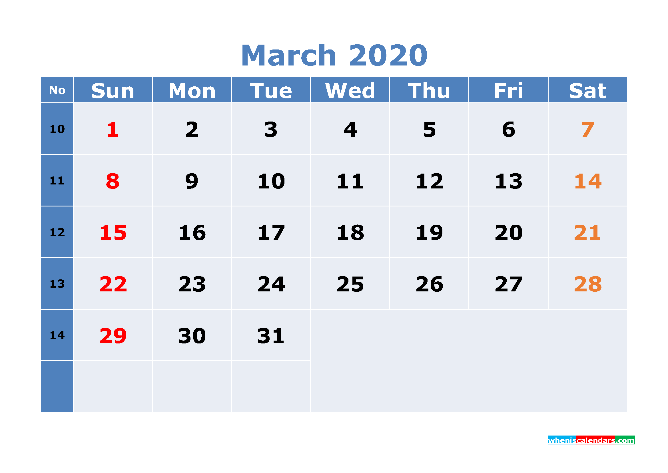 Free Printable March 2020 Calendar with Week Numbers