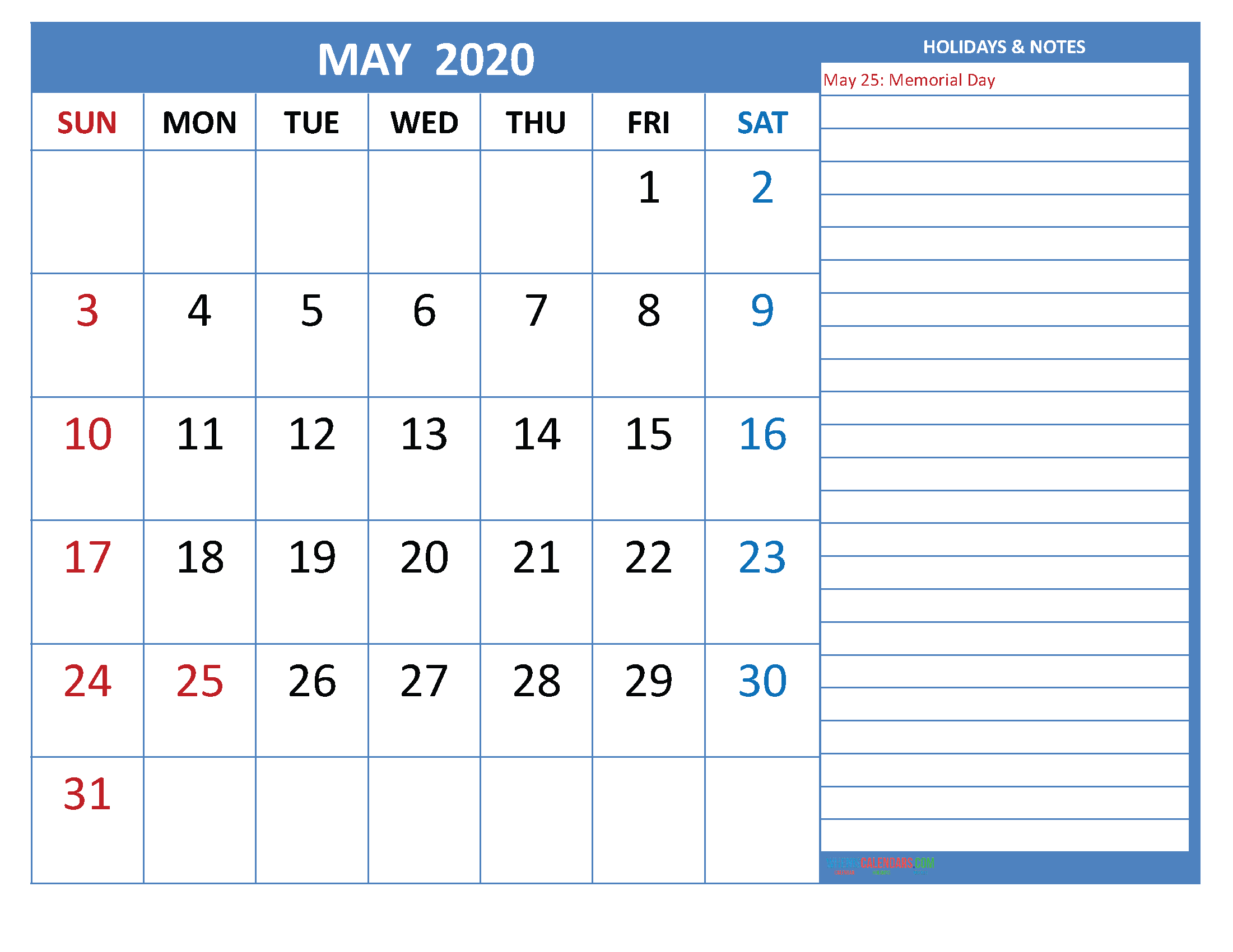 Free Printable Monthly 2020 Calendar with Holidays May