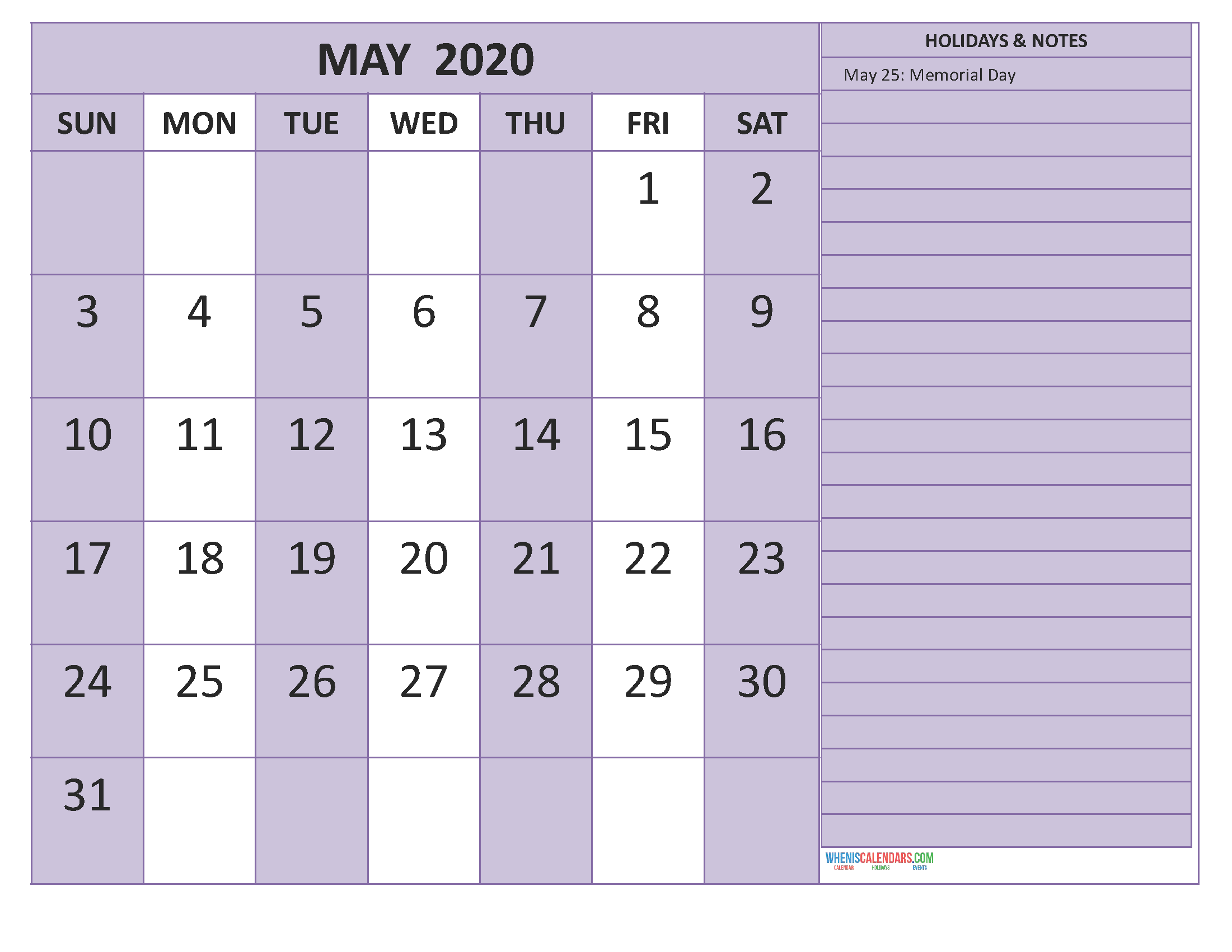 Free May 2020 Monthly Calendar Template Word