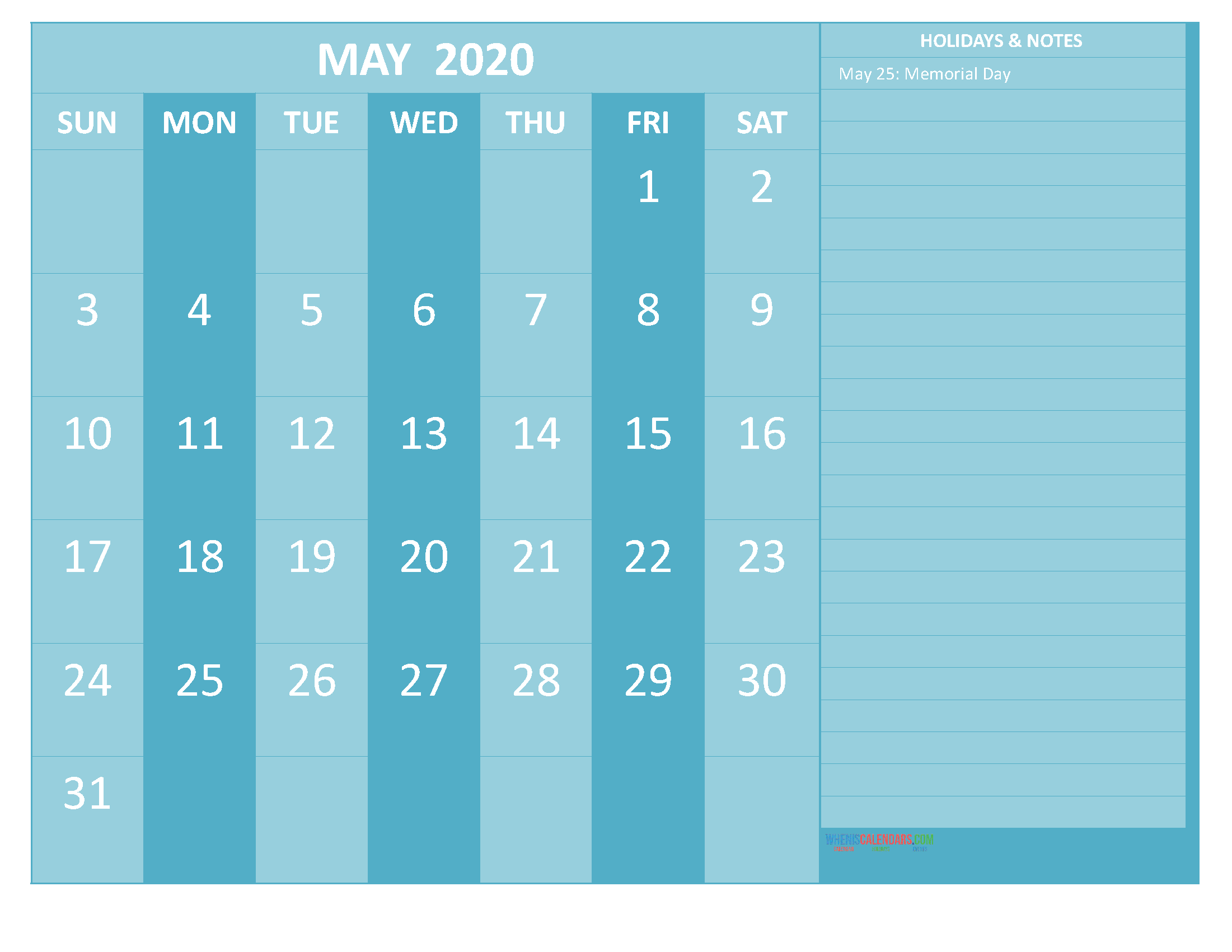 Free Printable Monthly 2020 Calendar with Holidays May