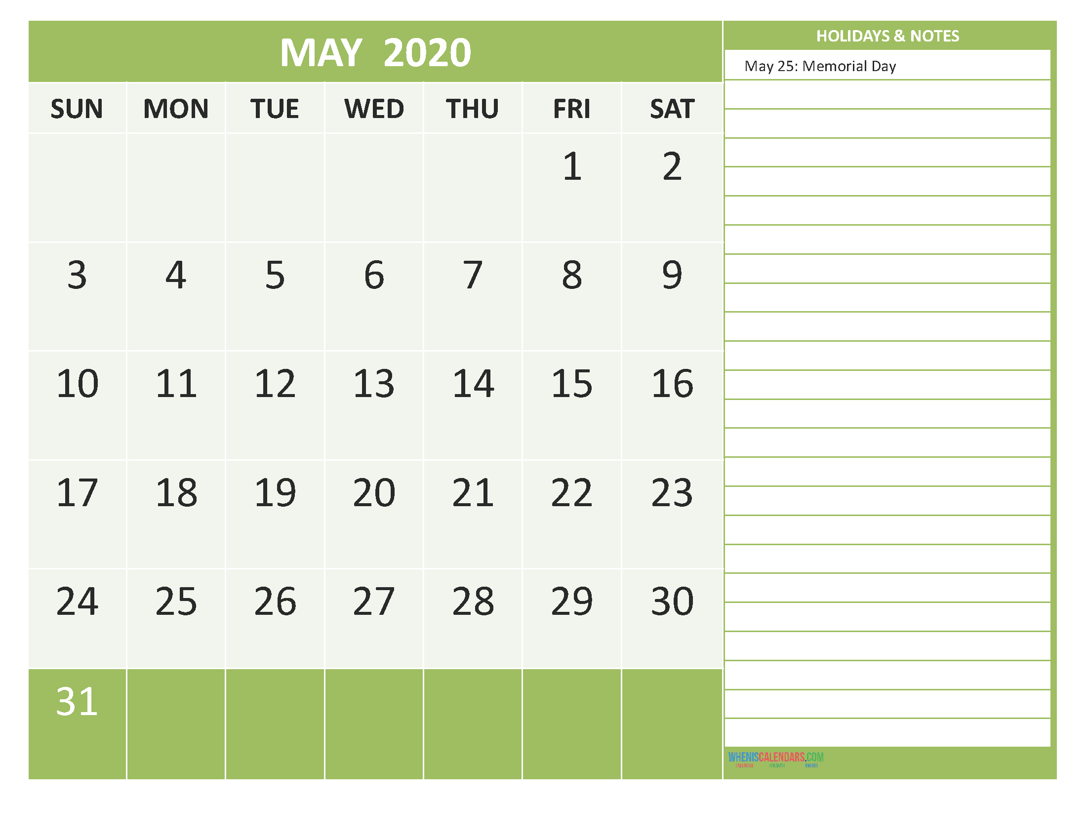 Free Printable May 2020 Calendar with Holidays