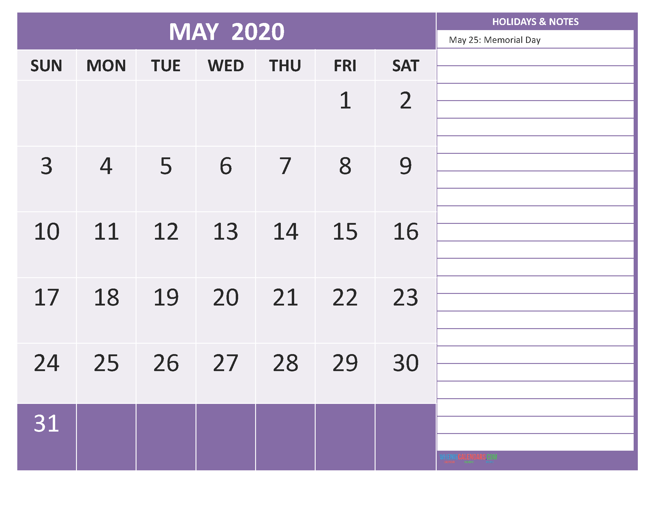 May 2020 Calendar with Holidays Word, PDF