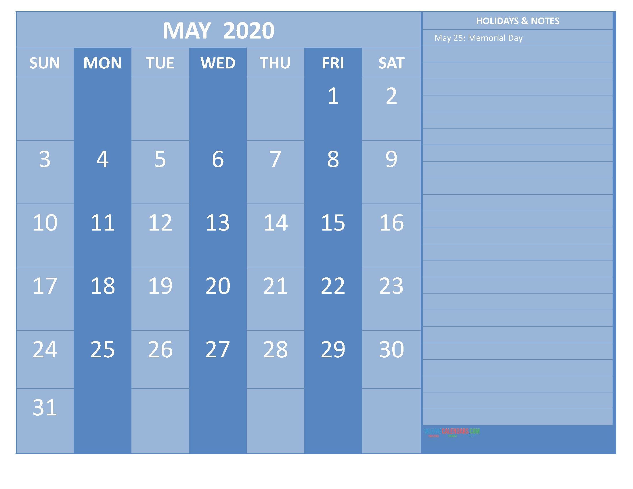 Free May 2020 Monthly Calendar Template Word