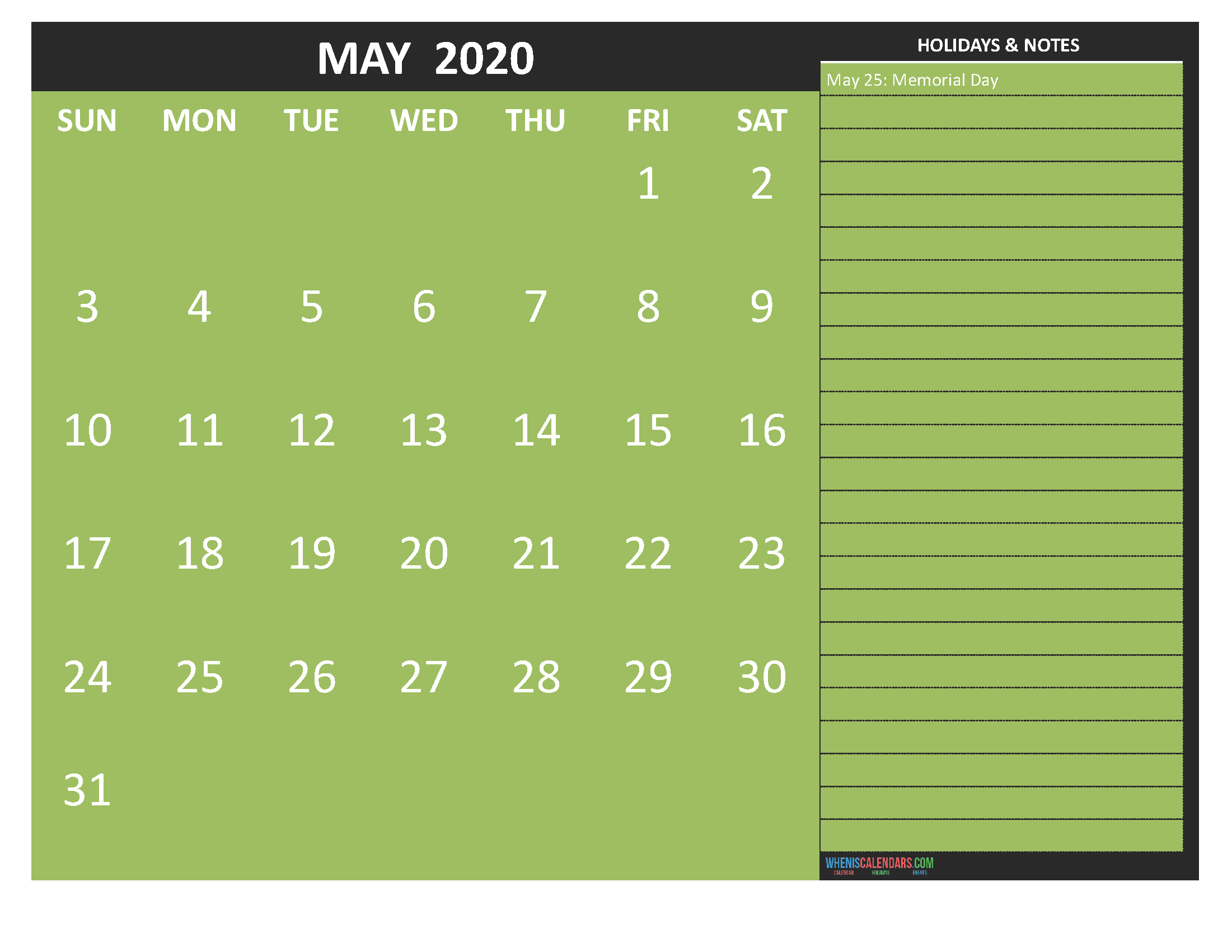 Free Monthly Printable Calendar 2020 May with Holidays