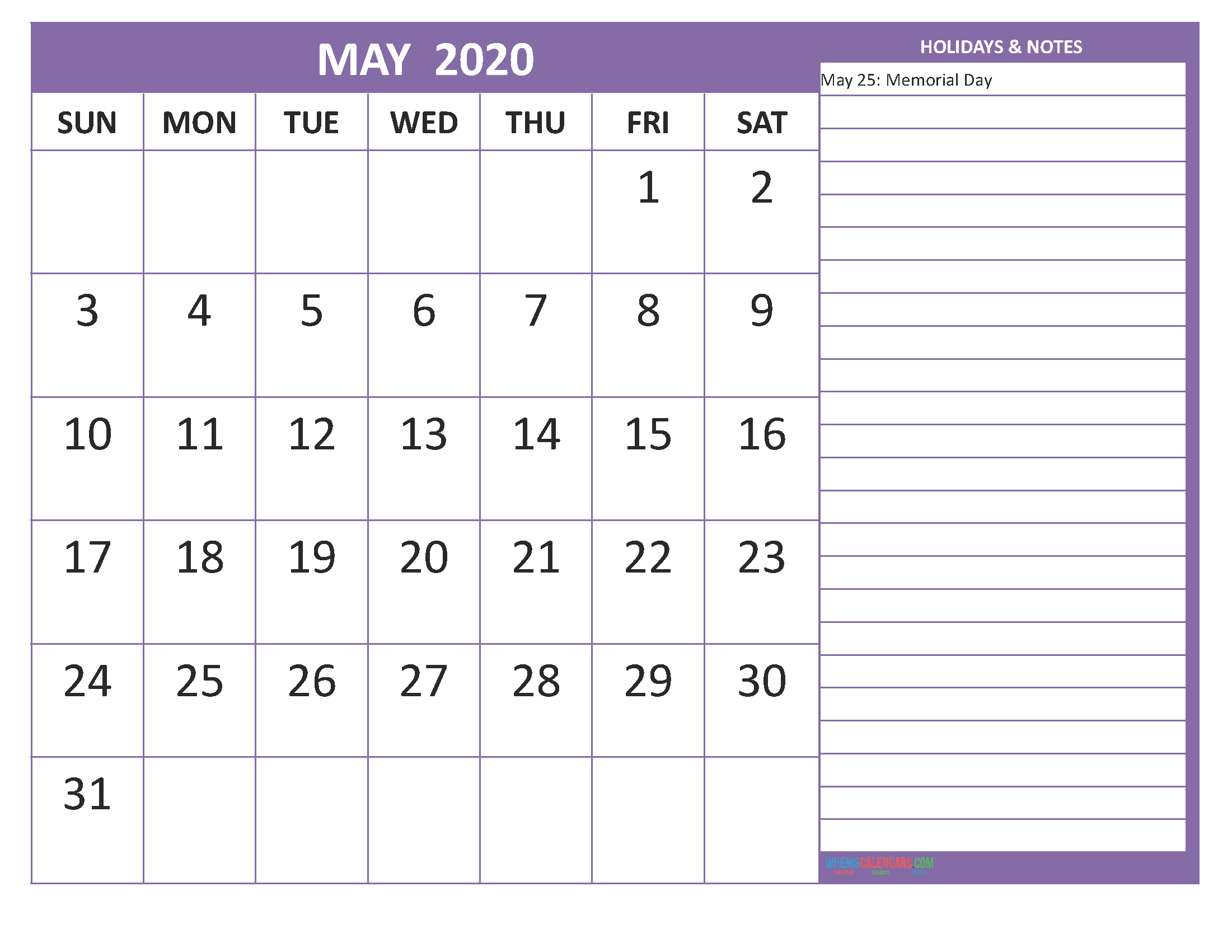 May 2020 Calendar with Holidays Free Printable by Word