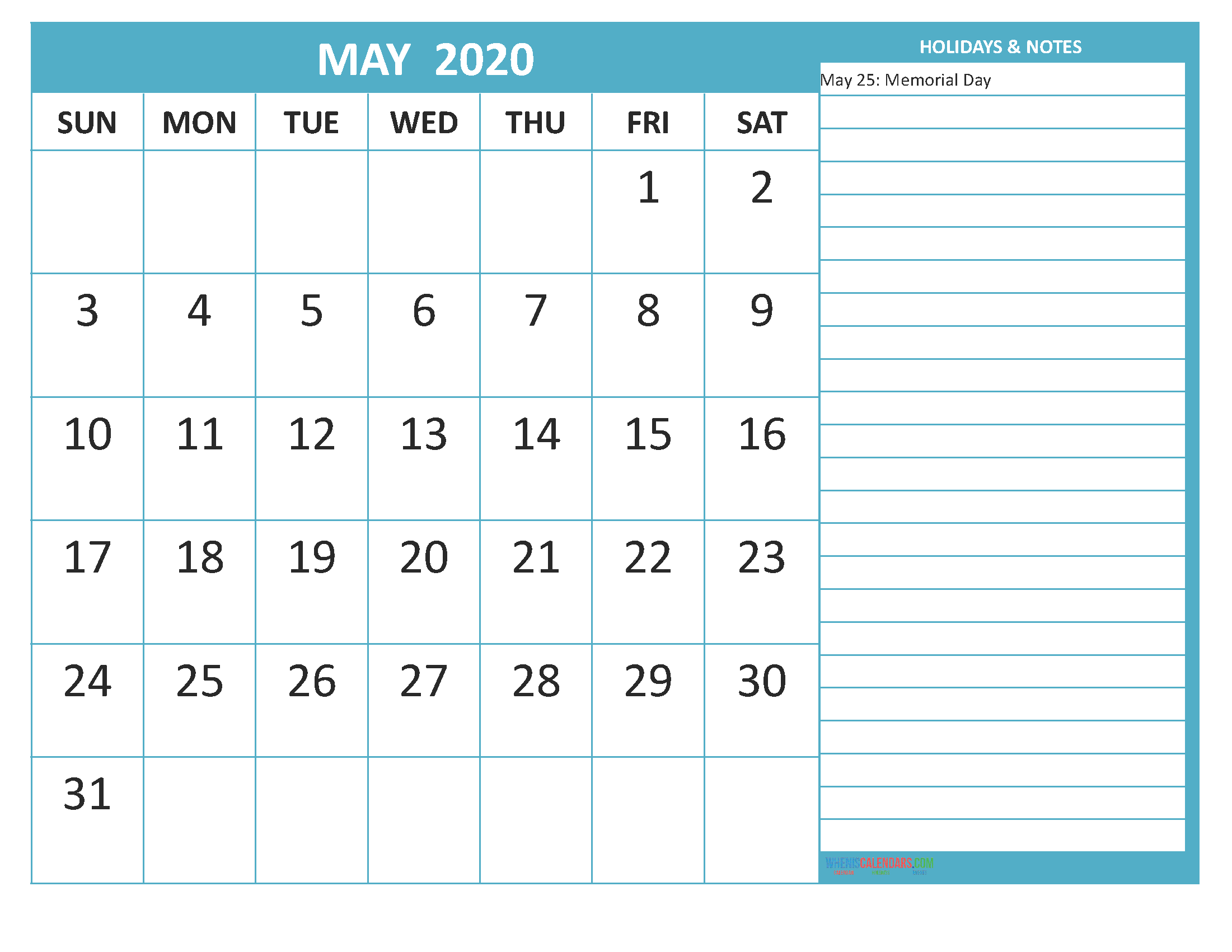 Free Printable Monthly Calendar 2020 May with Holidays