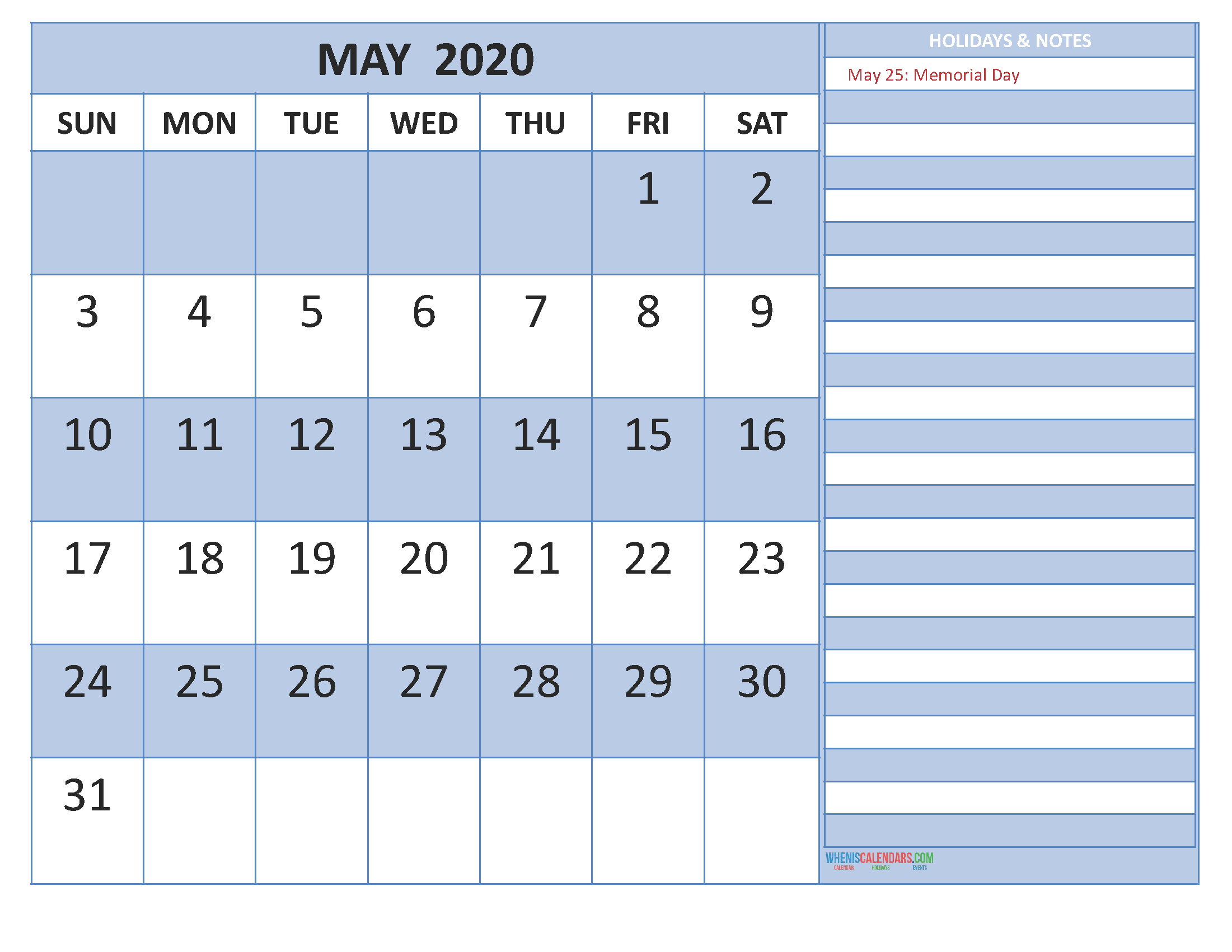 Printable May 2020 Calendar with Holidays Word