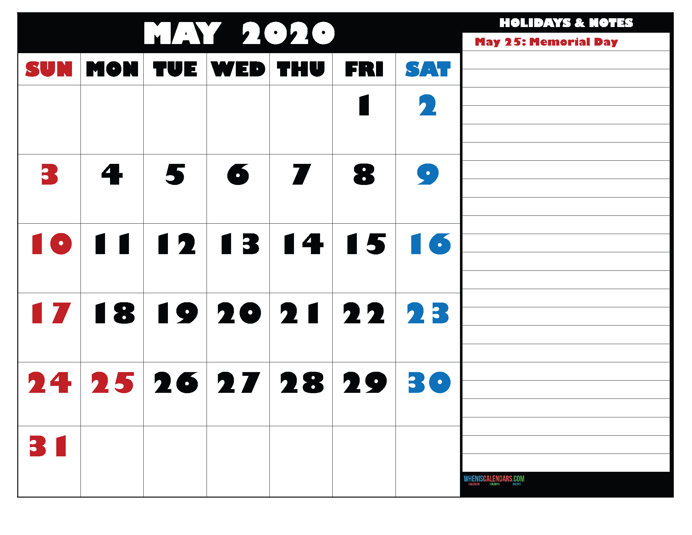 Free Monthly Printable Calendar 2020 May with Holidays