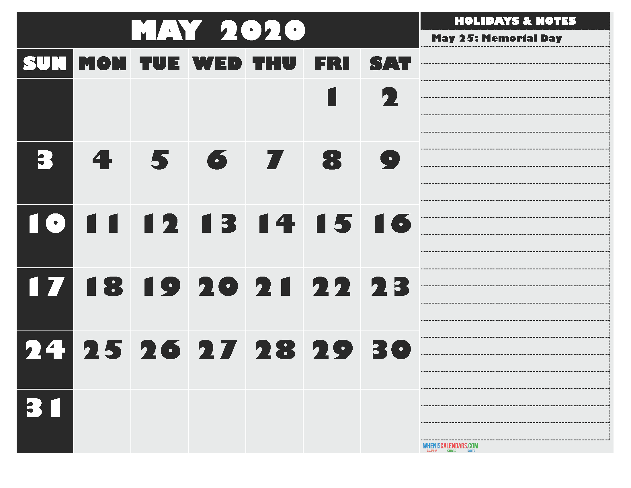 Free Printable 2020 Monthly Calendar with Holidays May