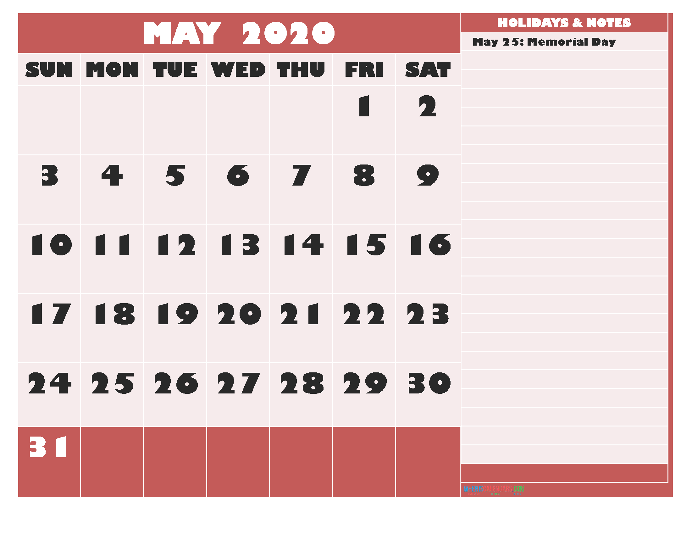 Free Printable Monthly Calendar 2020 May with Holidays