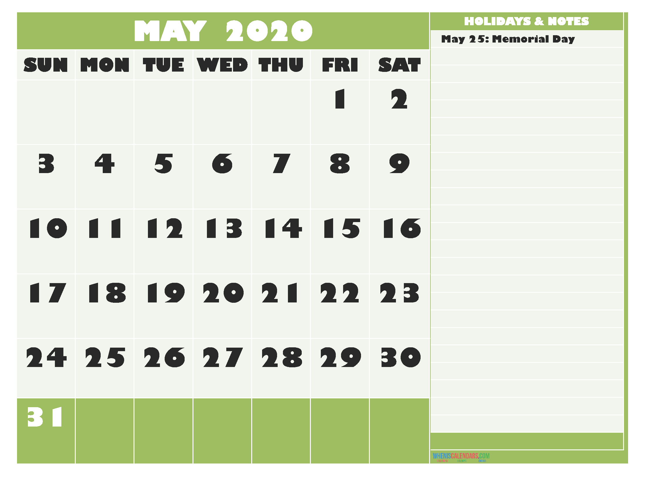 May 2020 Calendar with Holidays Free Printable