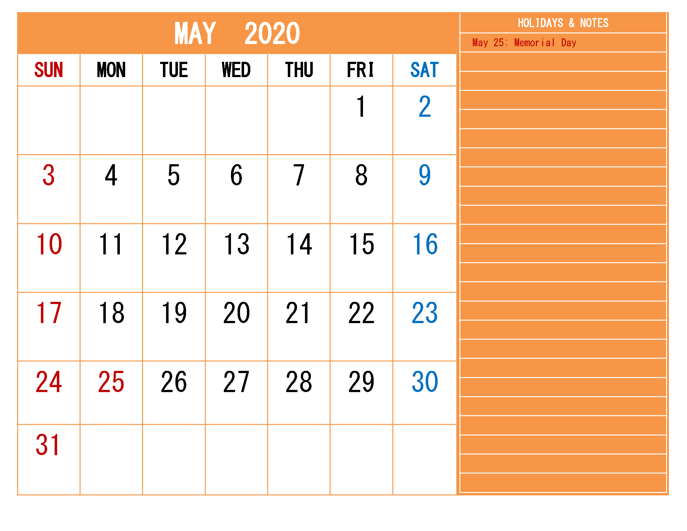 May 2020 Calendar with Holidays Free Printable by Word
