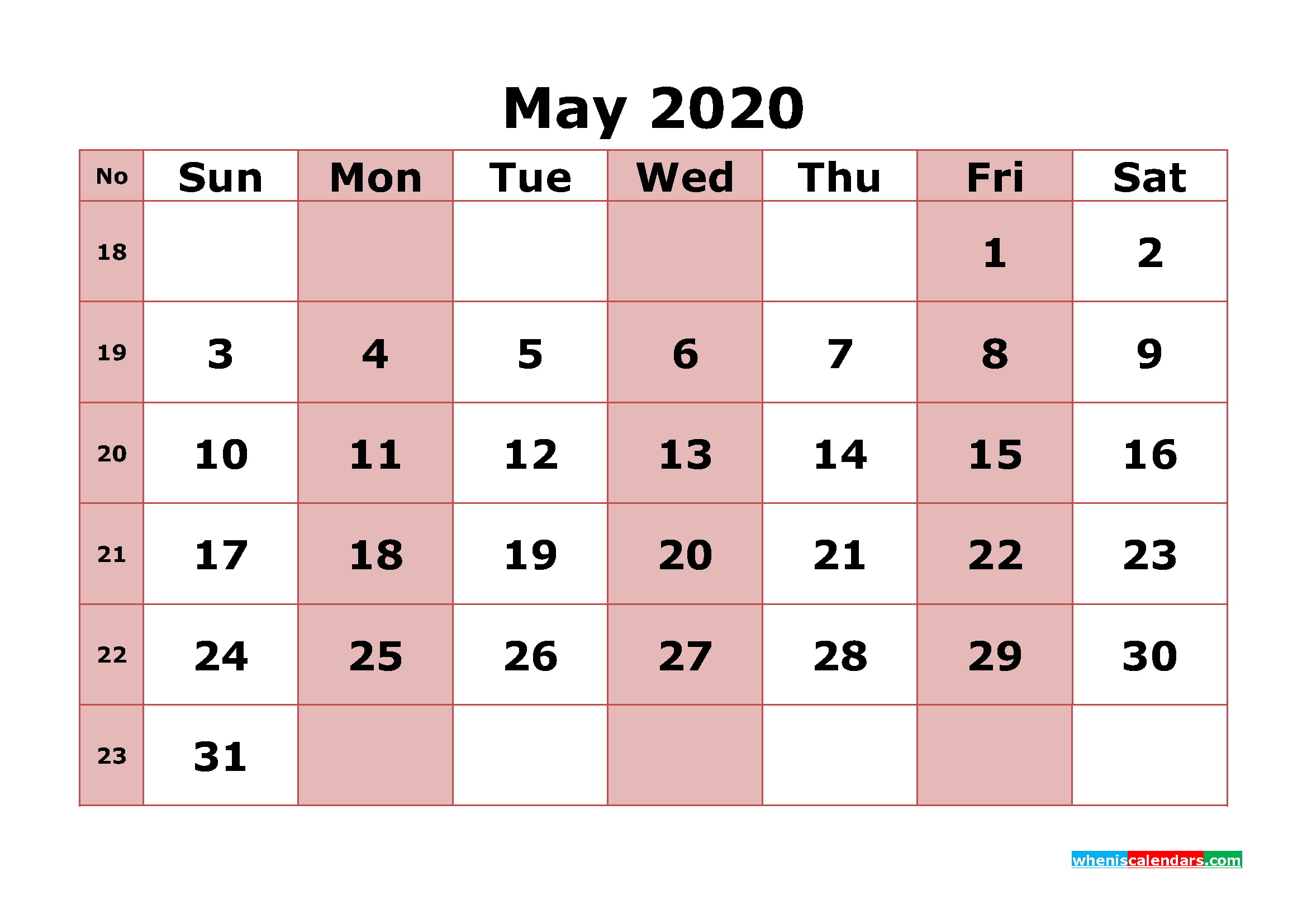 Printable May 2020 Calendar with Week Numbers