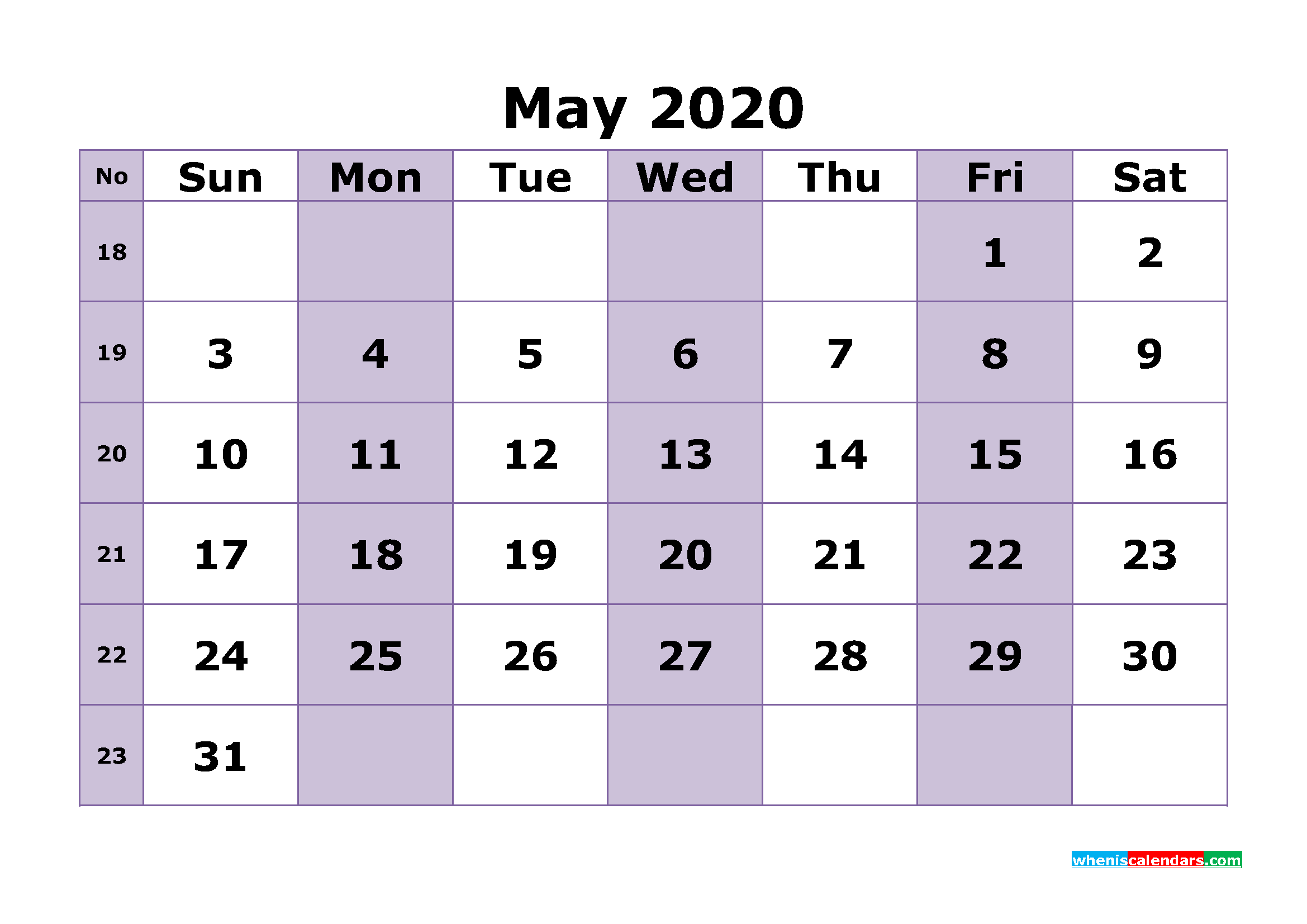 Printable May 2020 Calendar Template Word, PDF