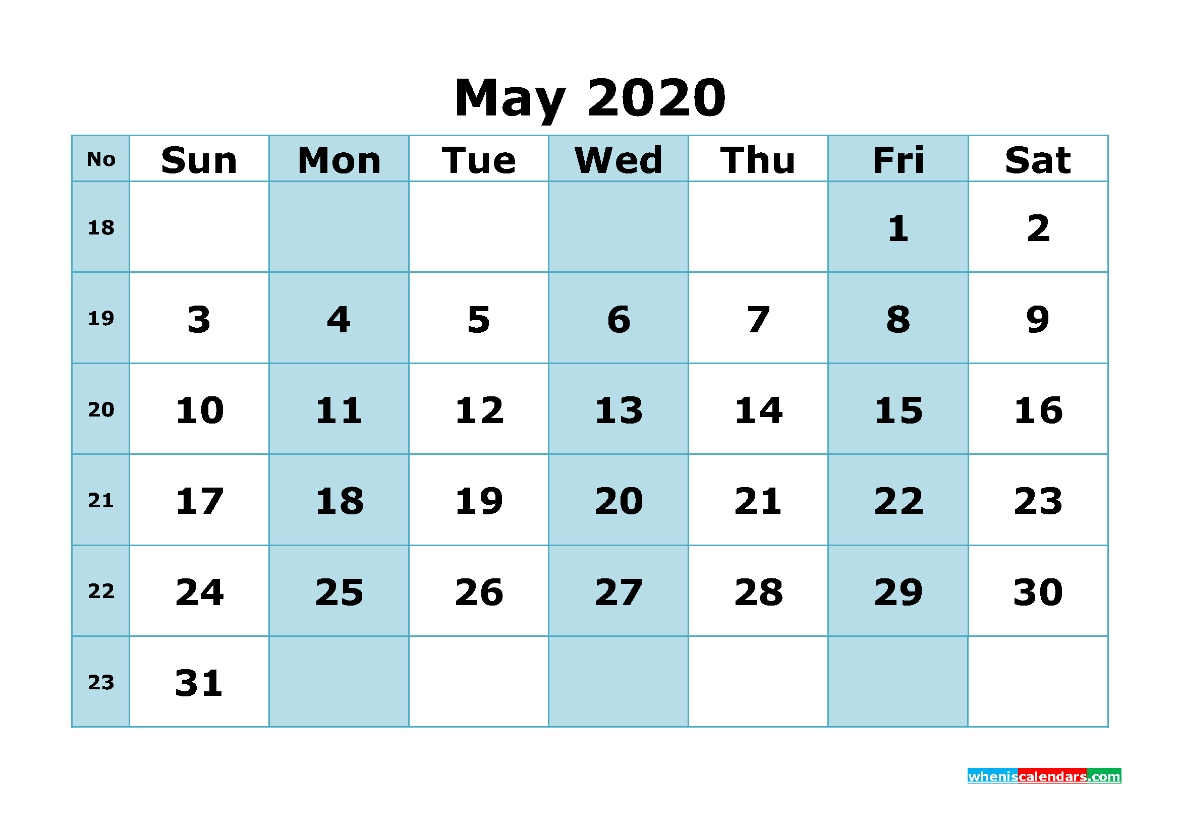 Free Printable May 2020 Calendar with Week Numbers