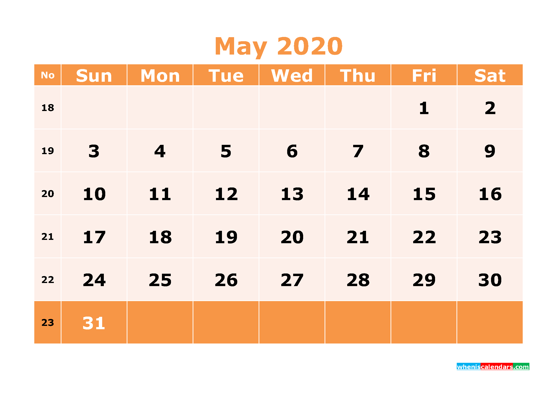 Printable May 2020 Calendar Template Word, PDF