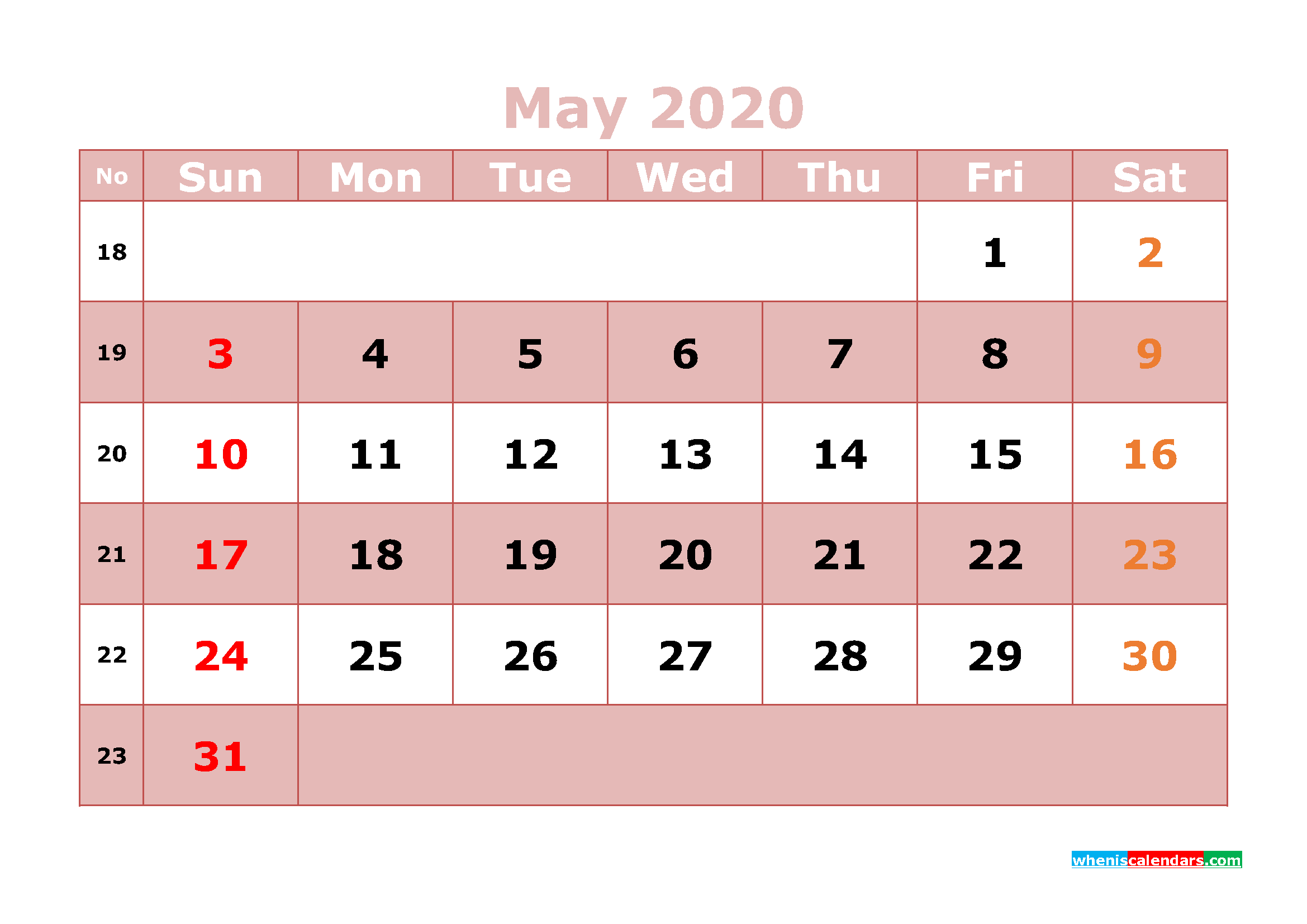 Free Printable May 2020 Calendar Word, PDF