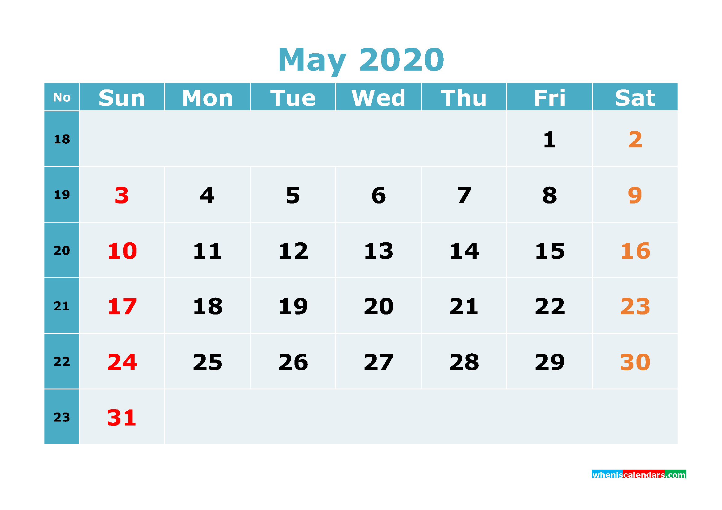 Free Printable May 2020 Calendar Template Word