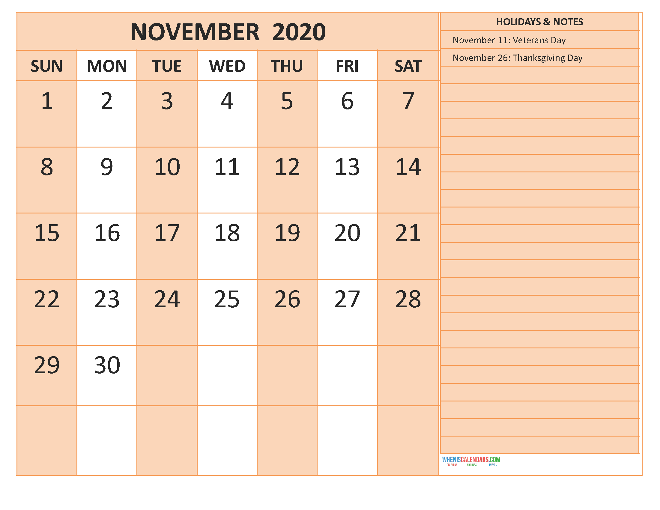 November 2020 Calendar with Holidays Word, PDF
