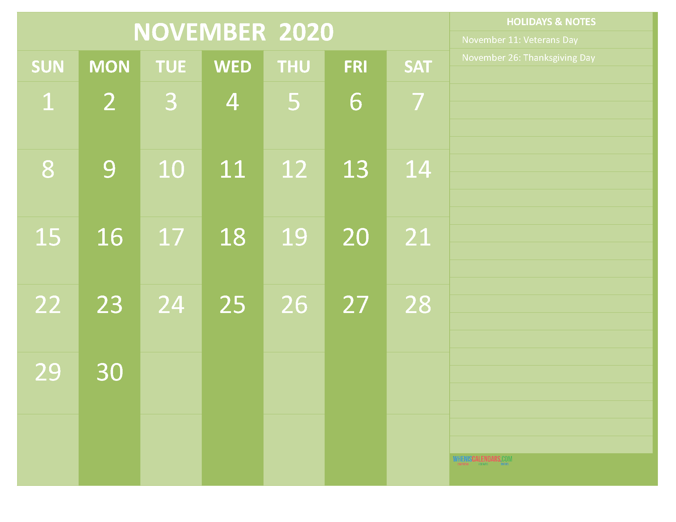 November 2020 Calendar with Holidays Word, PDF