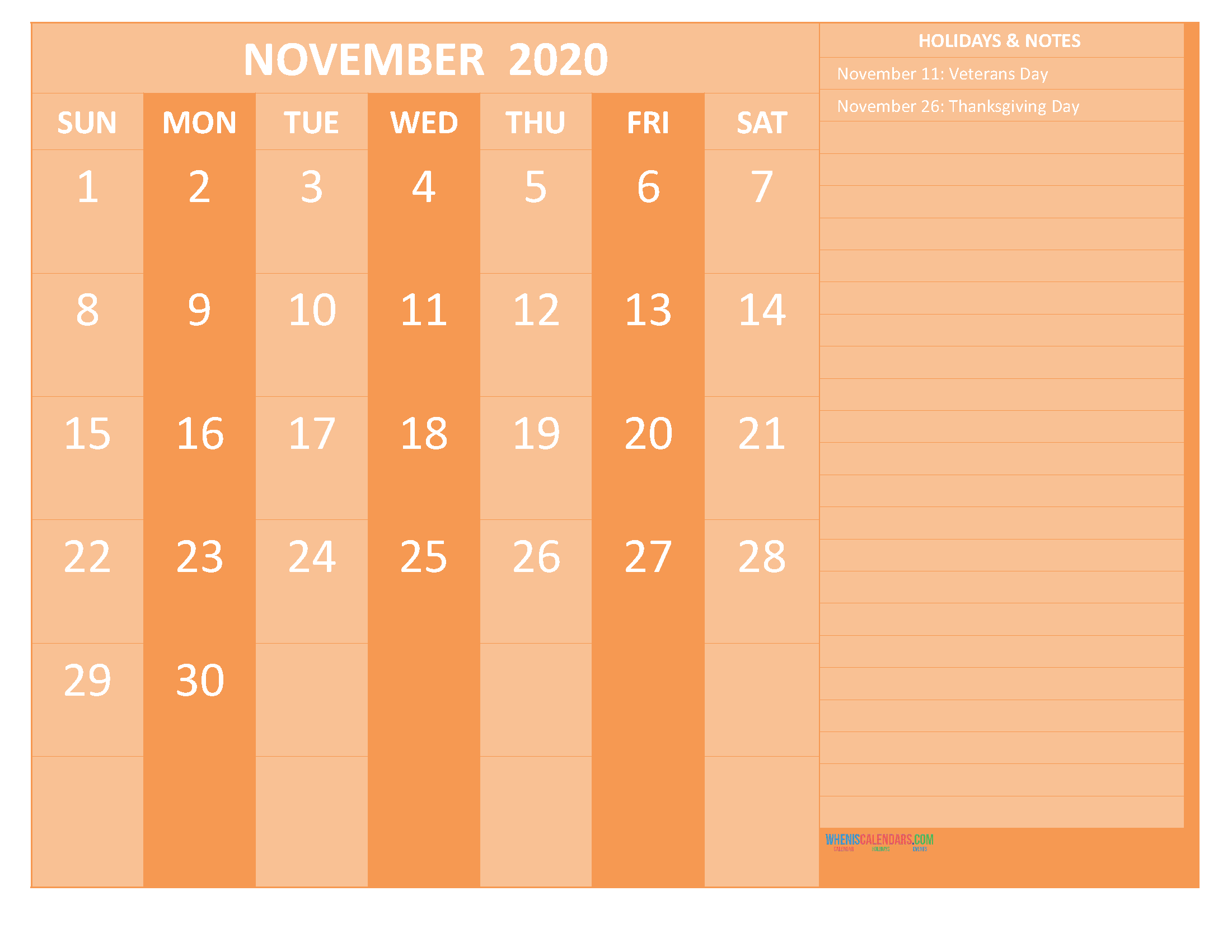 November 2020 Calendar with Holidays Free Printable by Word