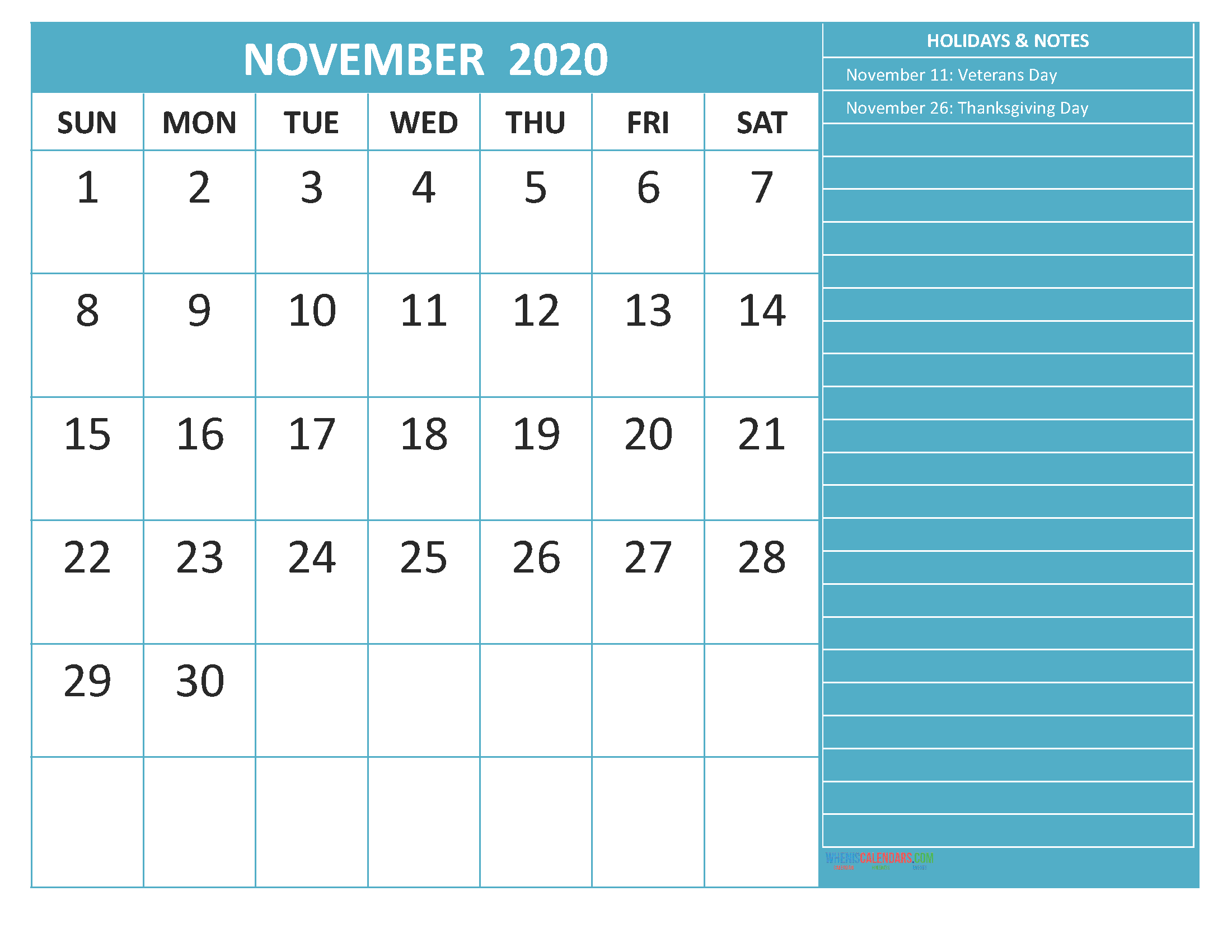 Free Printable November 2020 Calendar with Holidays