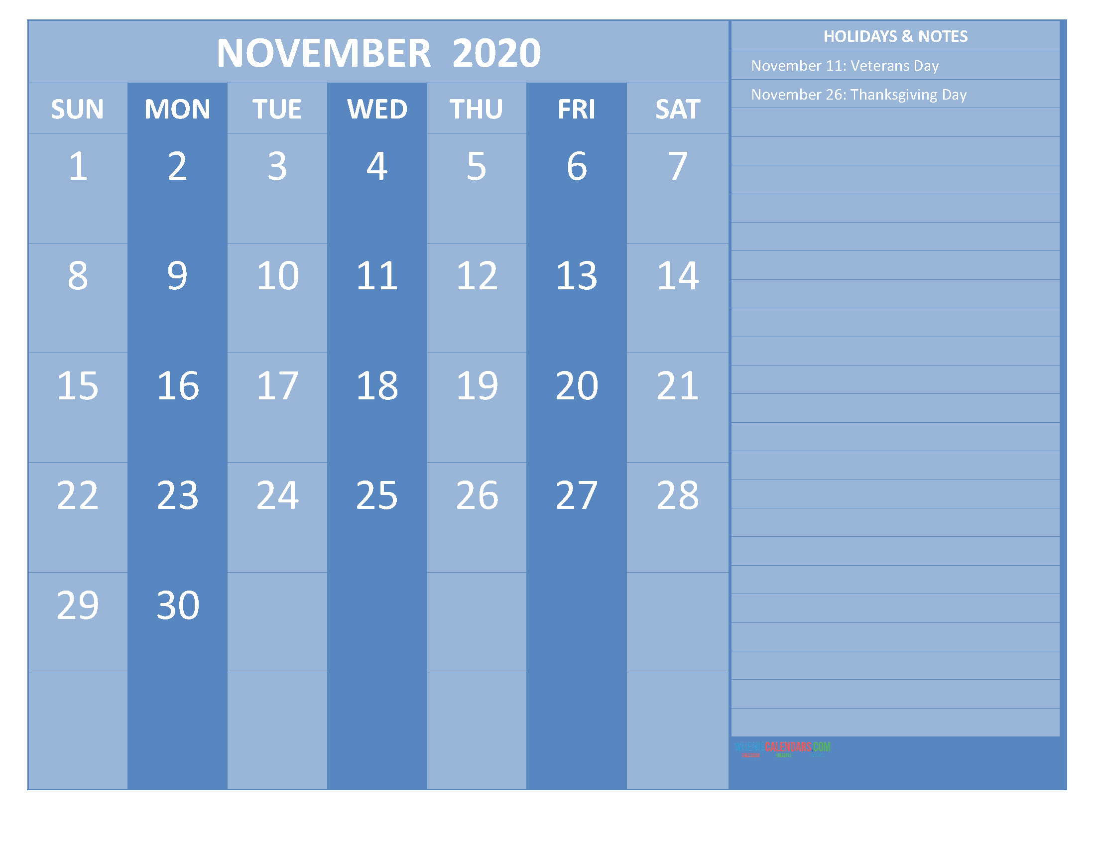 November 2020 Calendar with Holidays Free Printable by Word