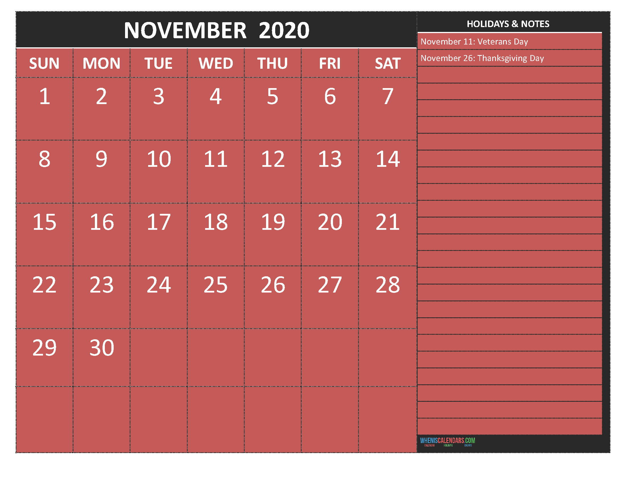 November 2020 Calendar with Holidays Free Printable