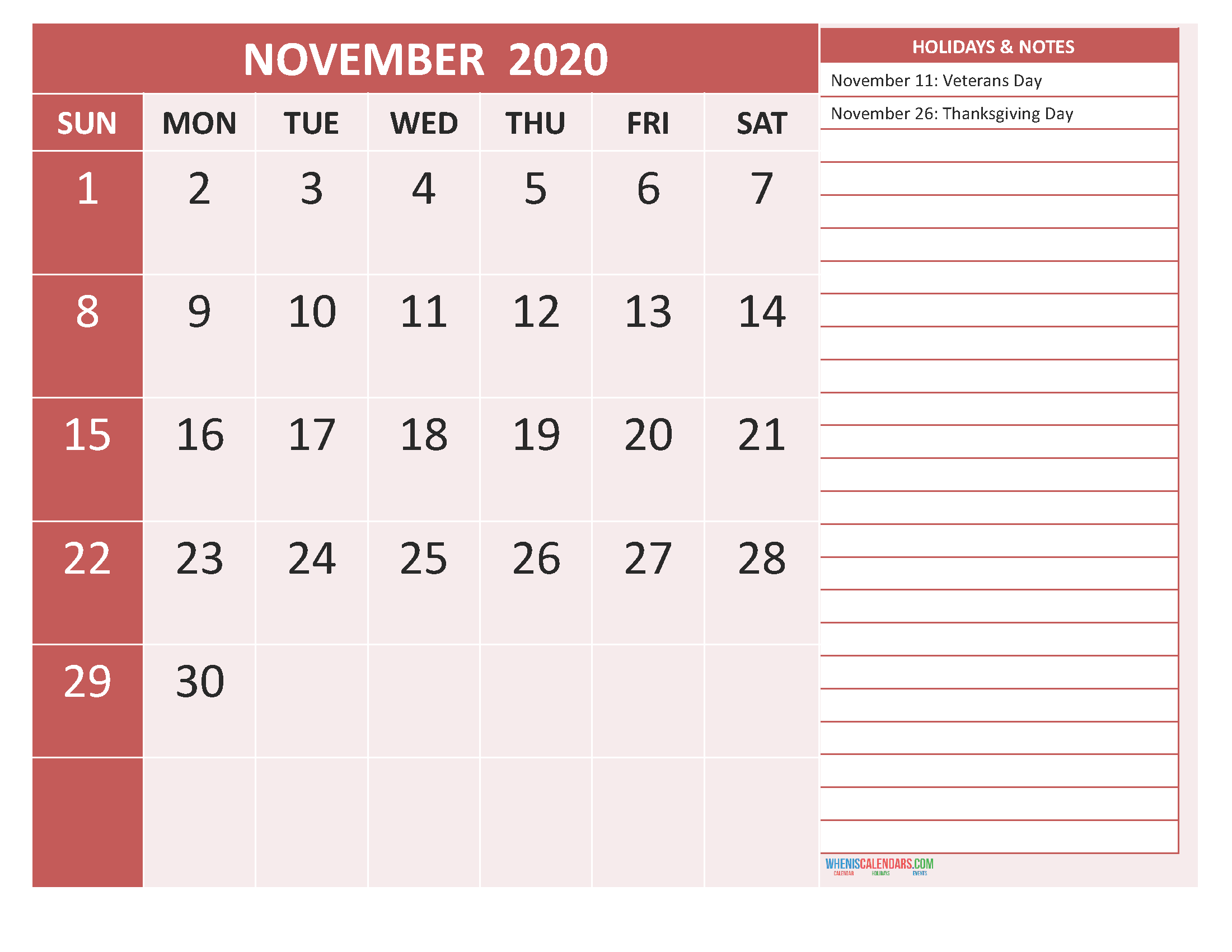 Printable November 2020 Calendar with Holidays Word