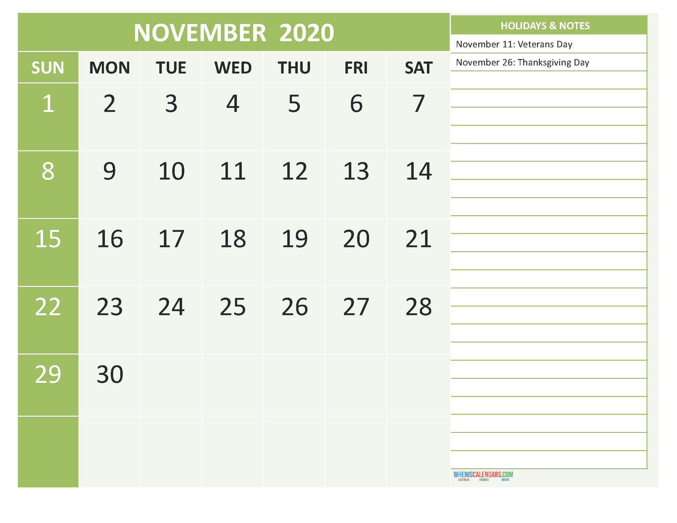 November 2020 Calendar with Holidays Free Printable