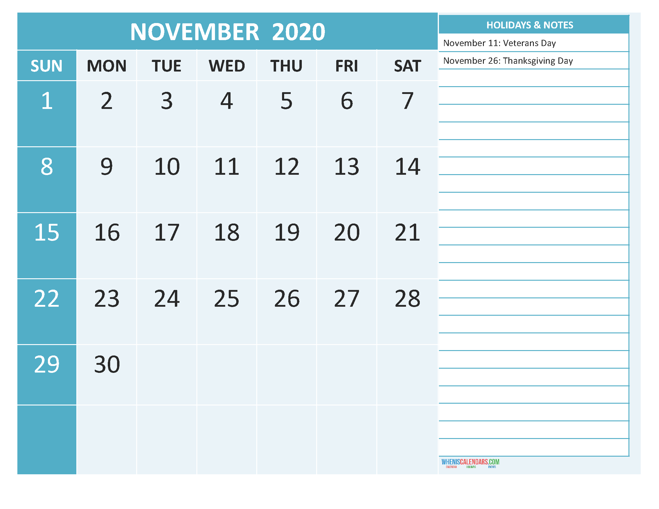 Free Printable November 2020 Calendar with Holidays