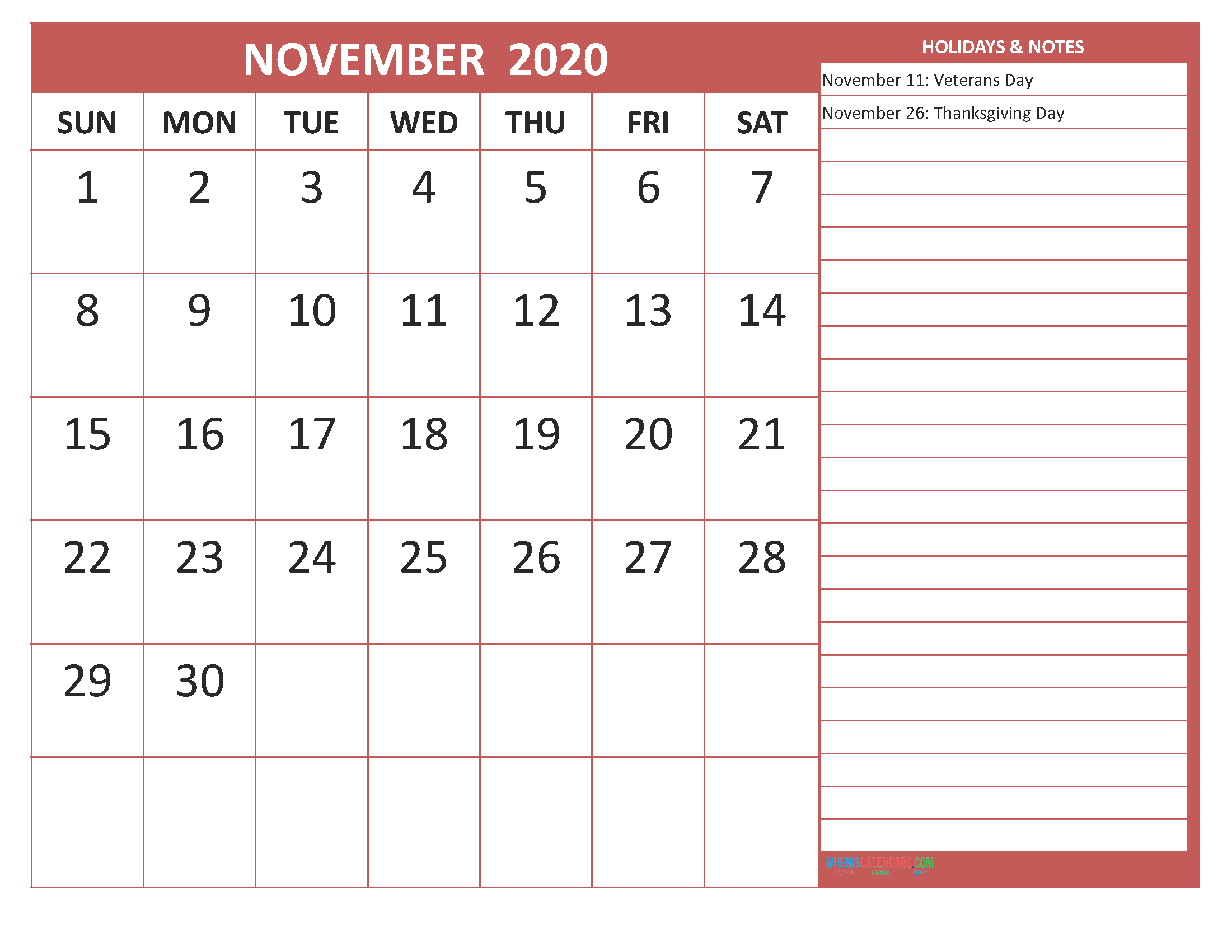 Printable November 2020 Calendar with Holidays Word