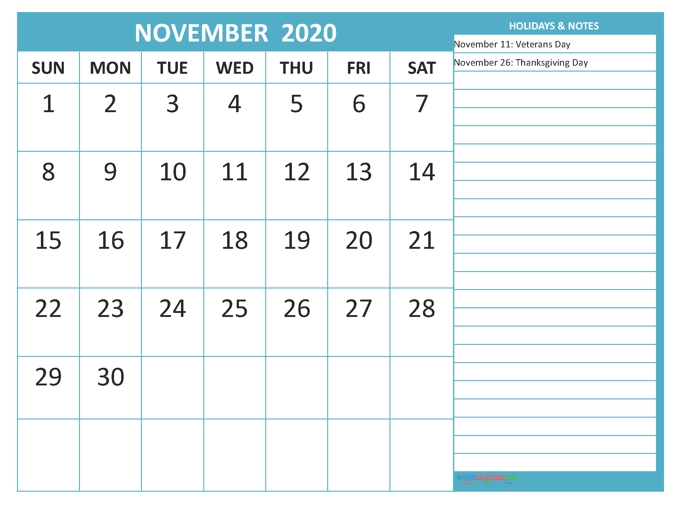 Free Printable Monthly Calendar 2020 November with Holidays