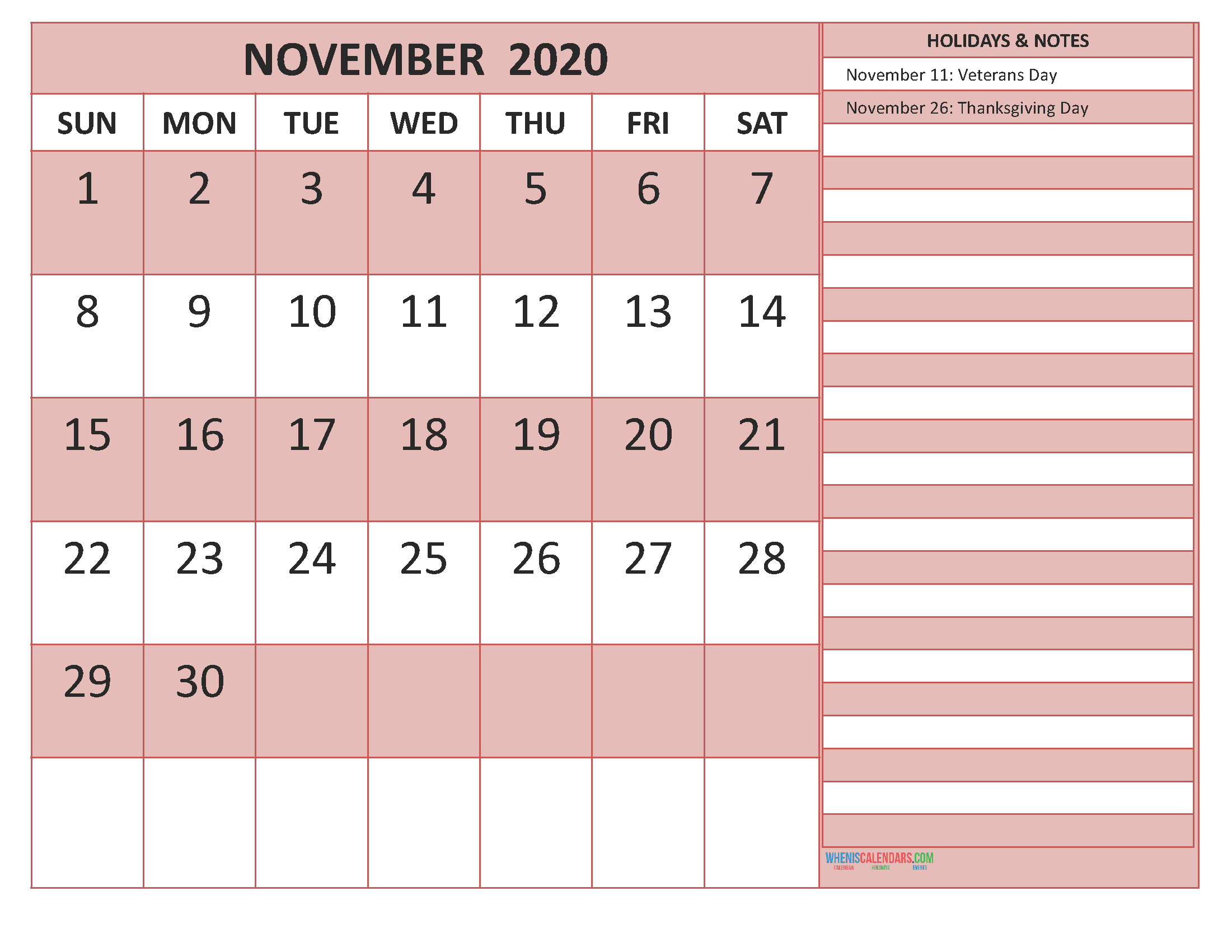 Free Printable Monthly 2020 Calendar with Holidays November