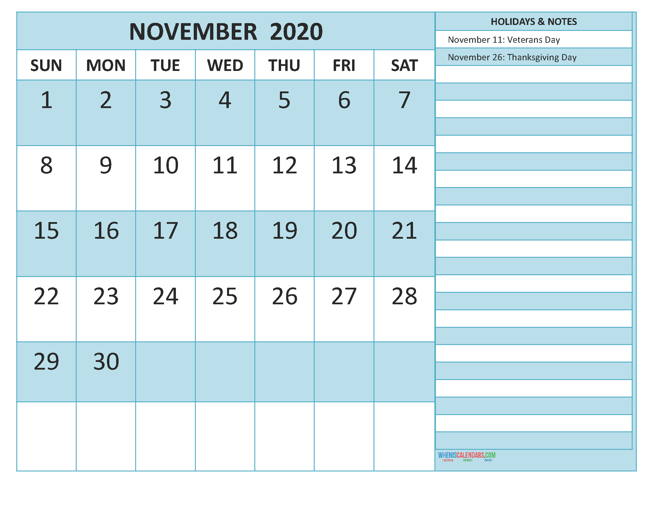 Free Printable Monthly Calendar 2020 November with Holidays