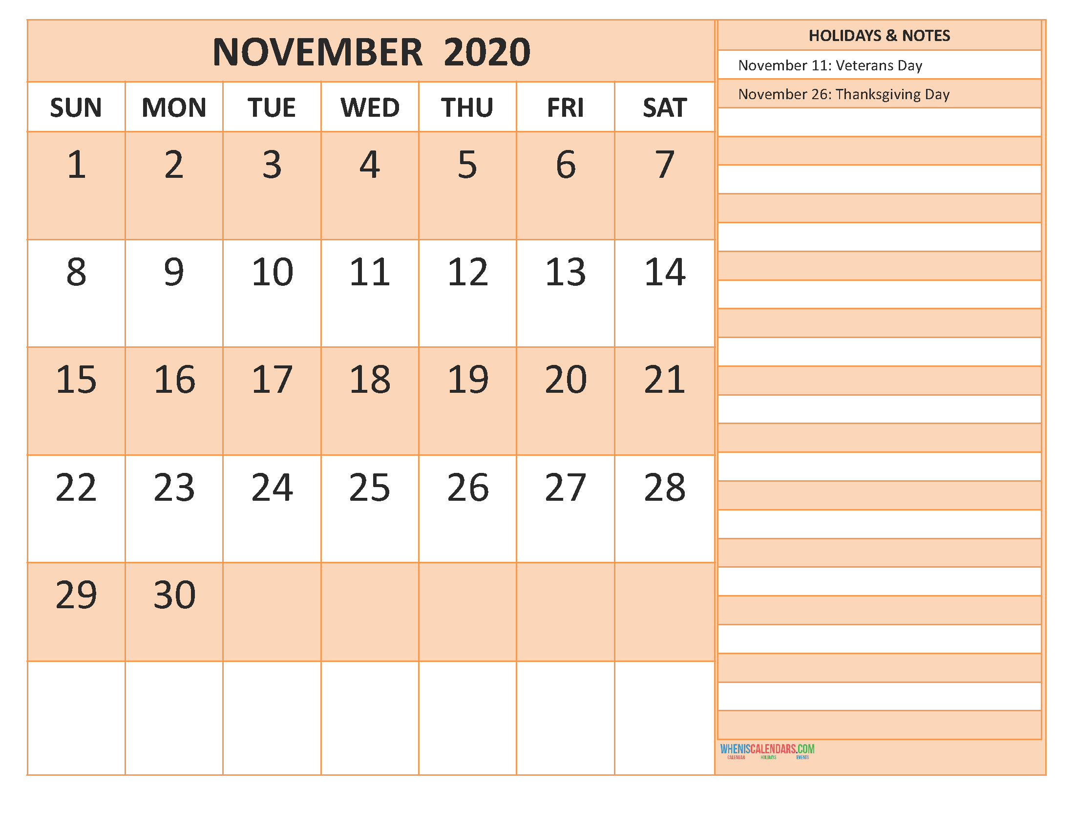 Free November 2020 Monthly Calendar Template Word