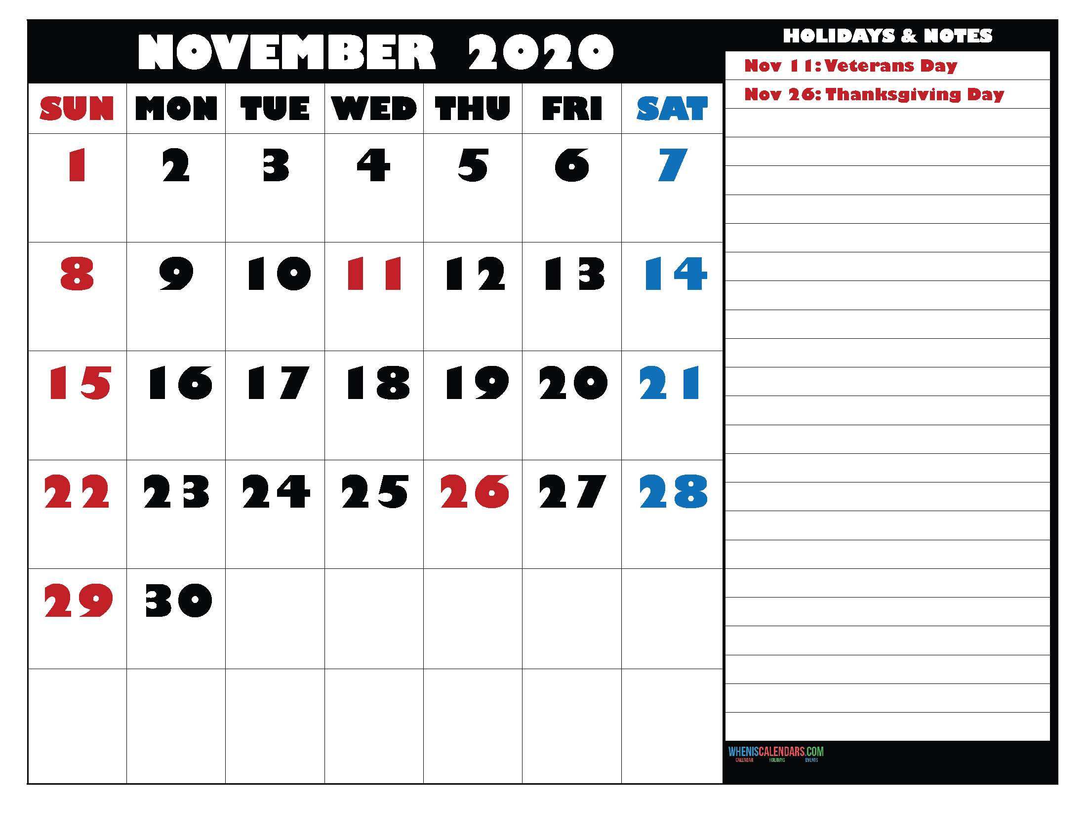 Free Monthly Printable Calendar 2020 November with Holidays