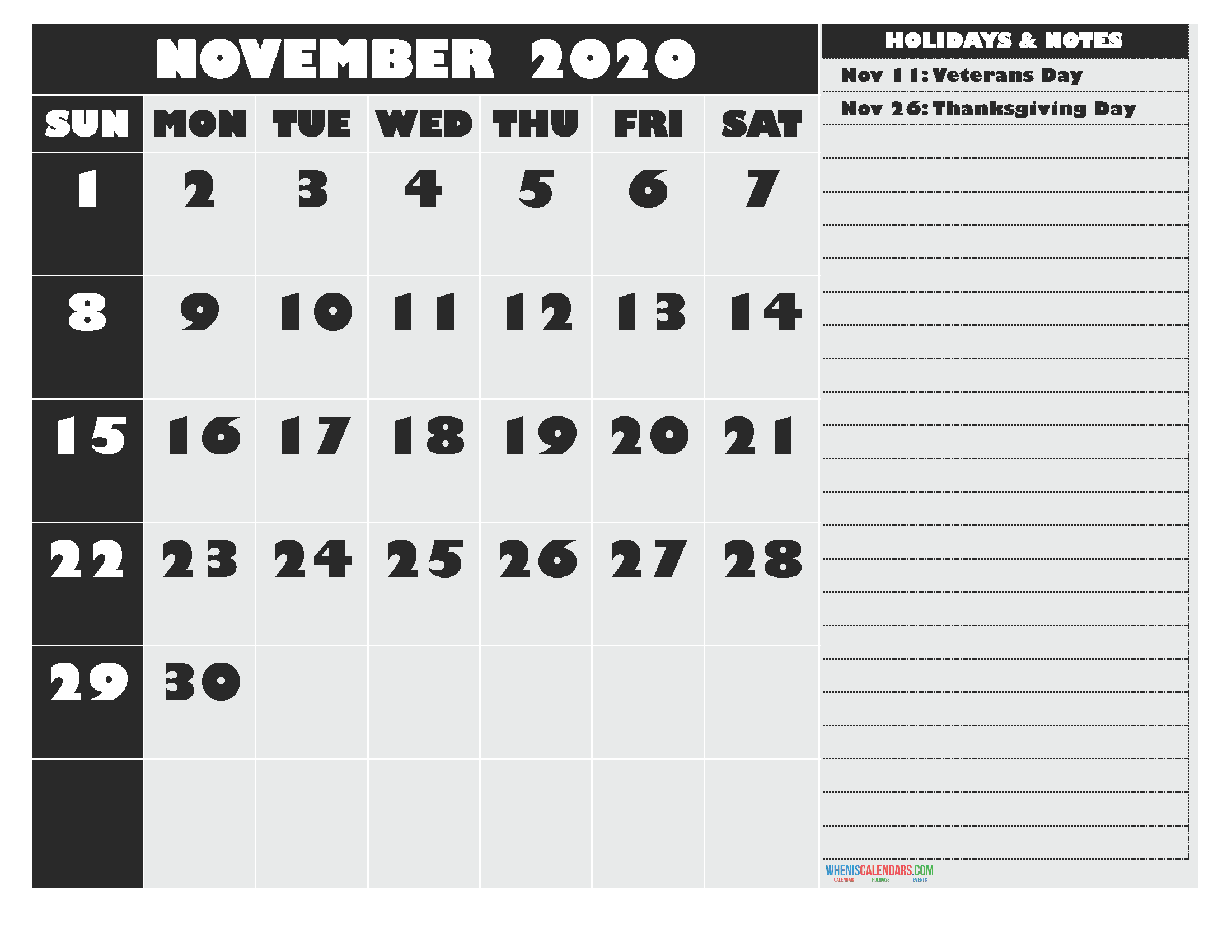 Free Printable 2020 Monthly Calendar with Holidays November