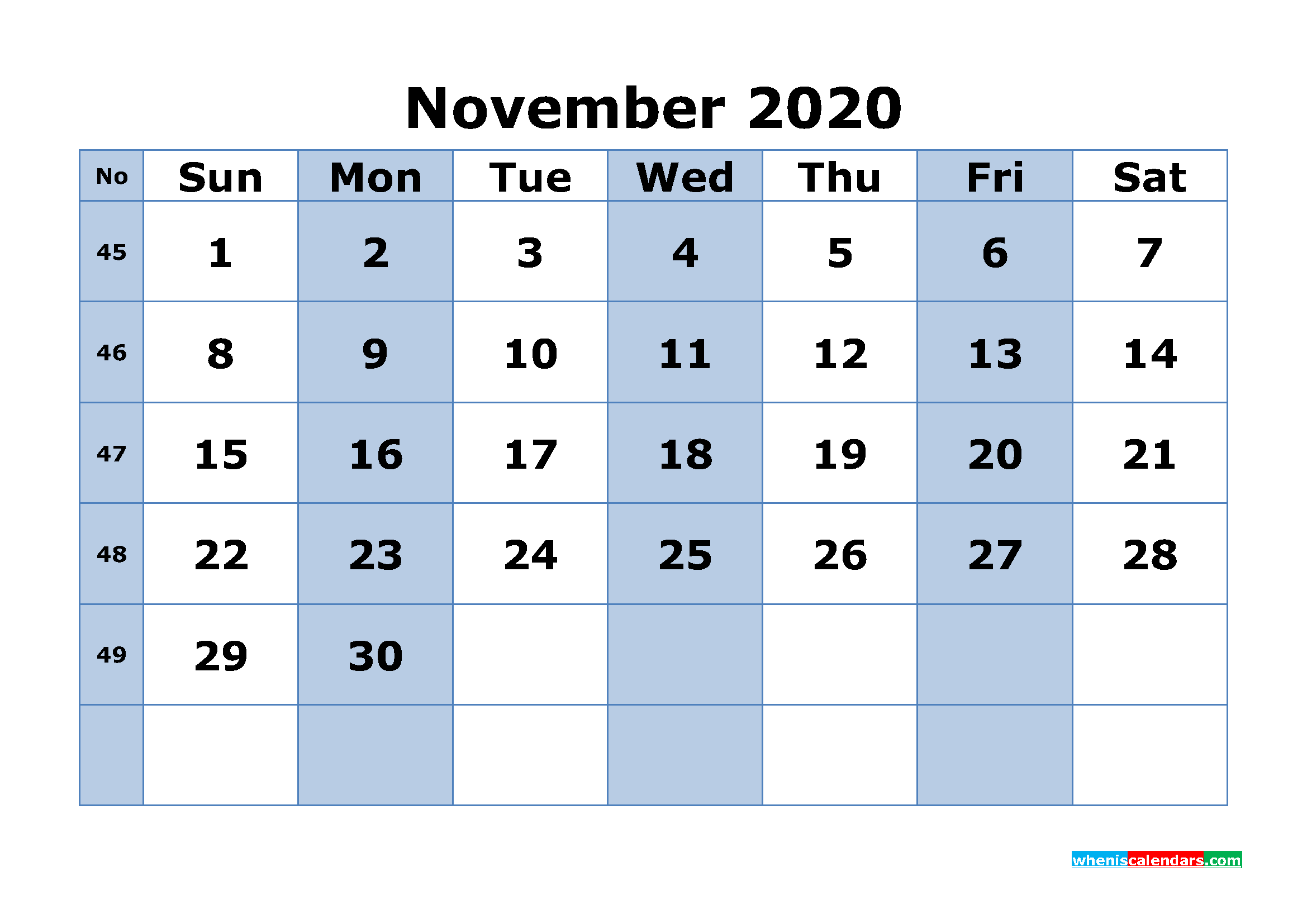 Free Printable November 2020 Calendar Word, PDF