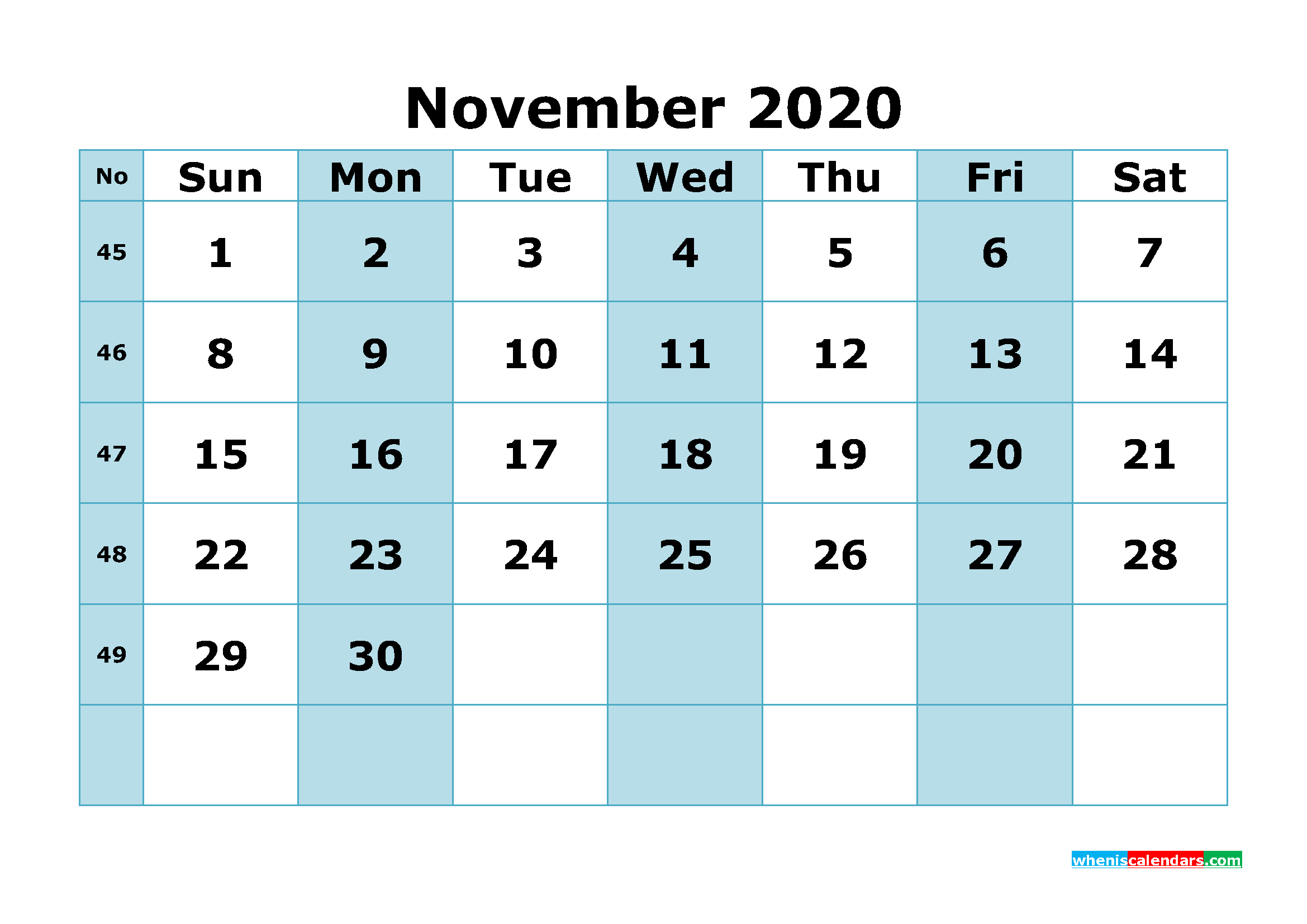 Free Printable November 2020 Calendar with Week Numbers