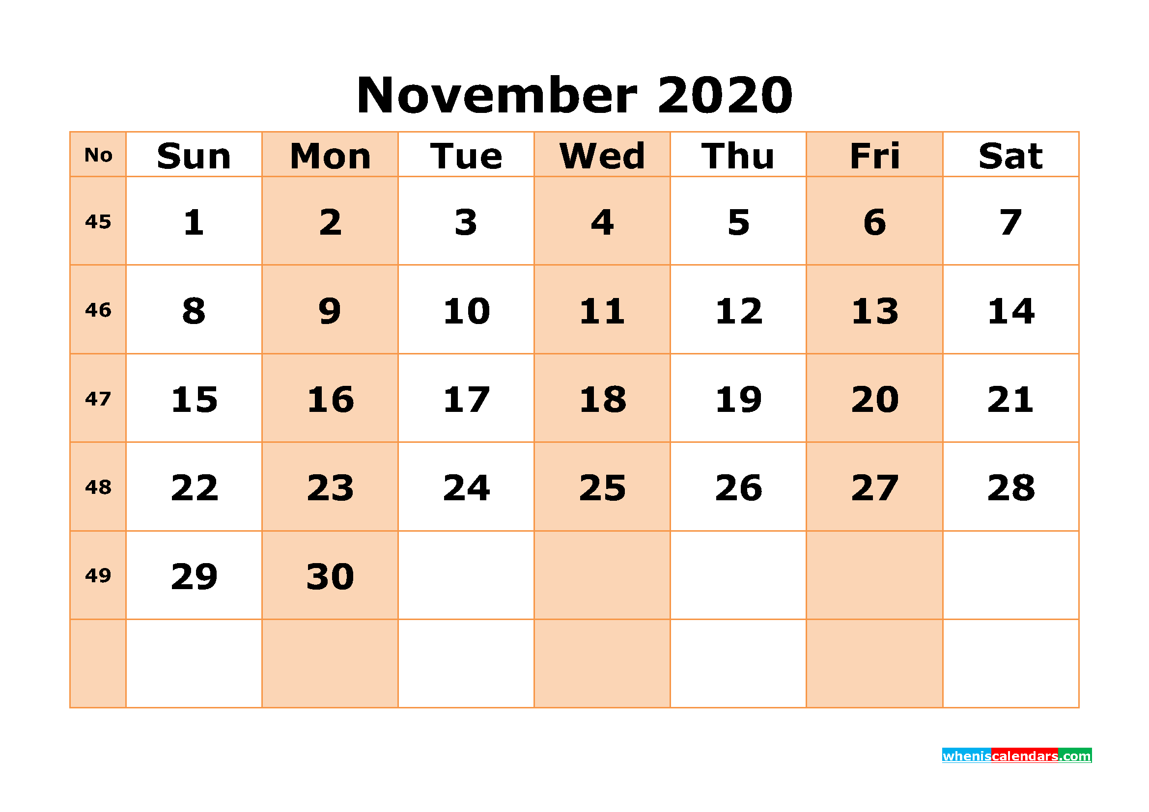 Free Printable November 2020 Calendar Word, PDF