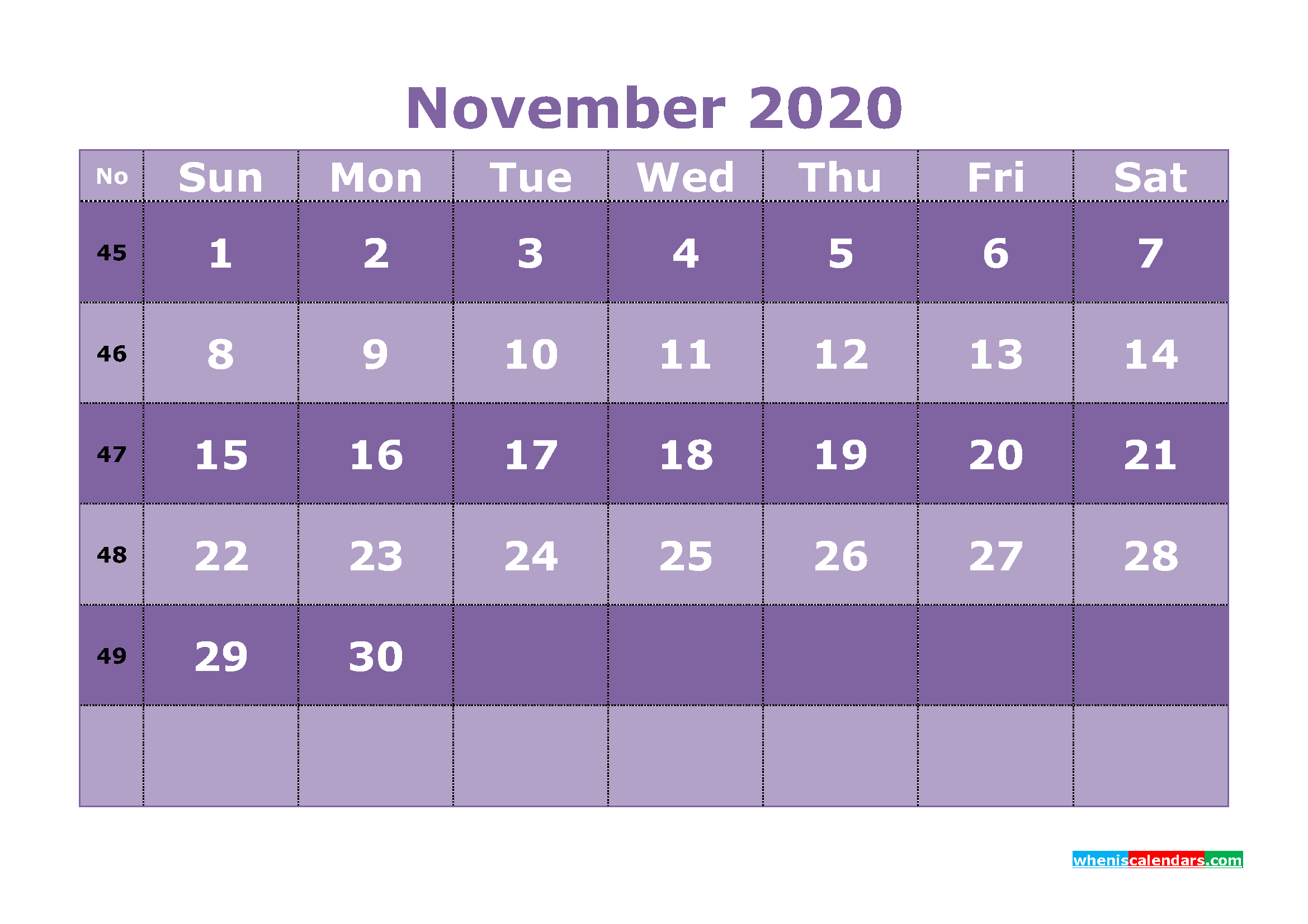 Printable November 2020 Calendar with Week Numbers