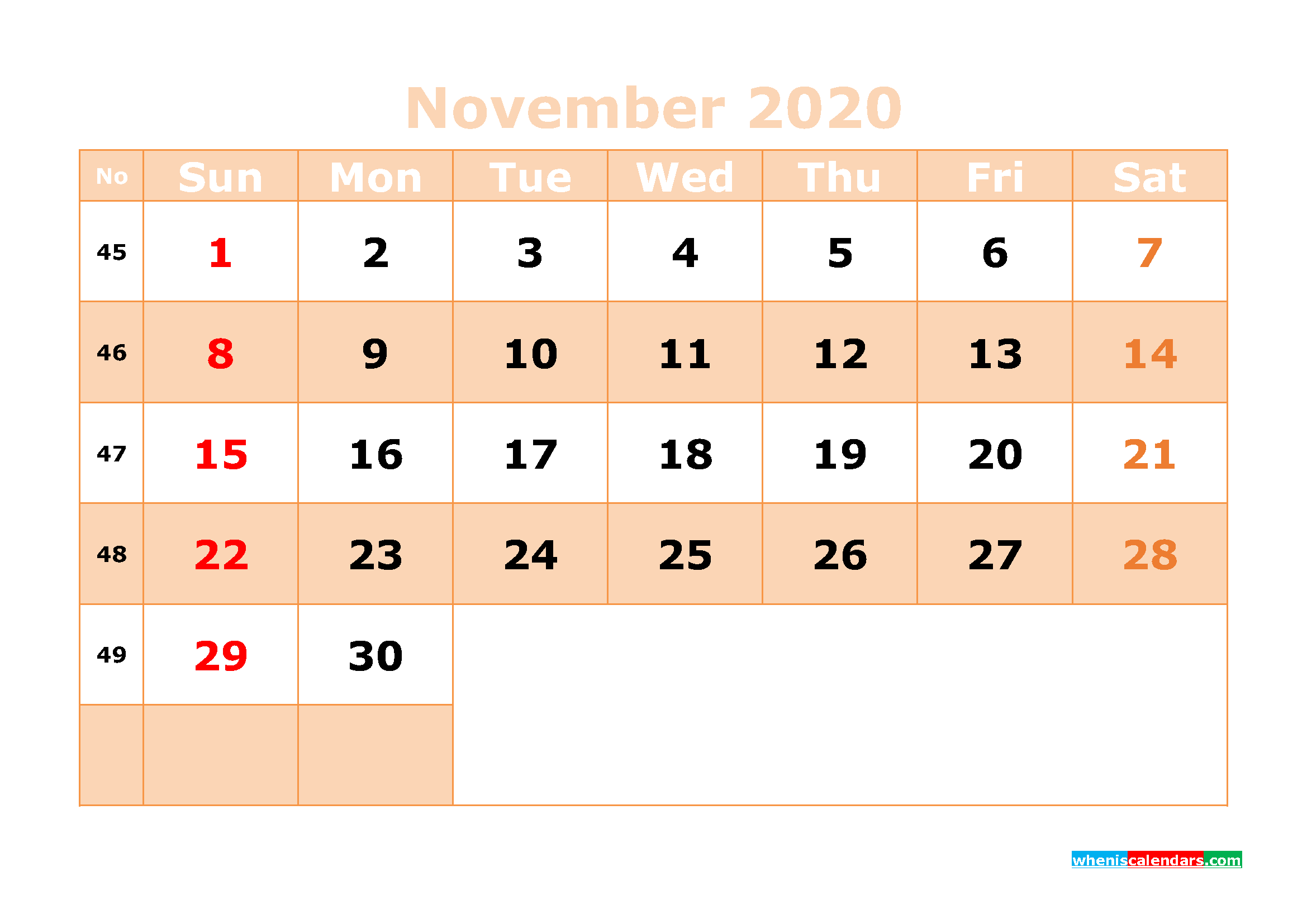 Printable November 2020 Calendar Template Word, PDF