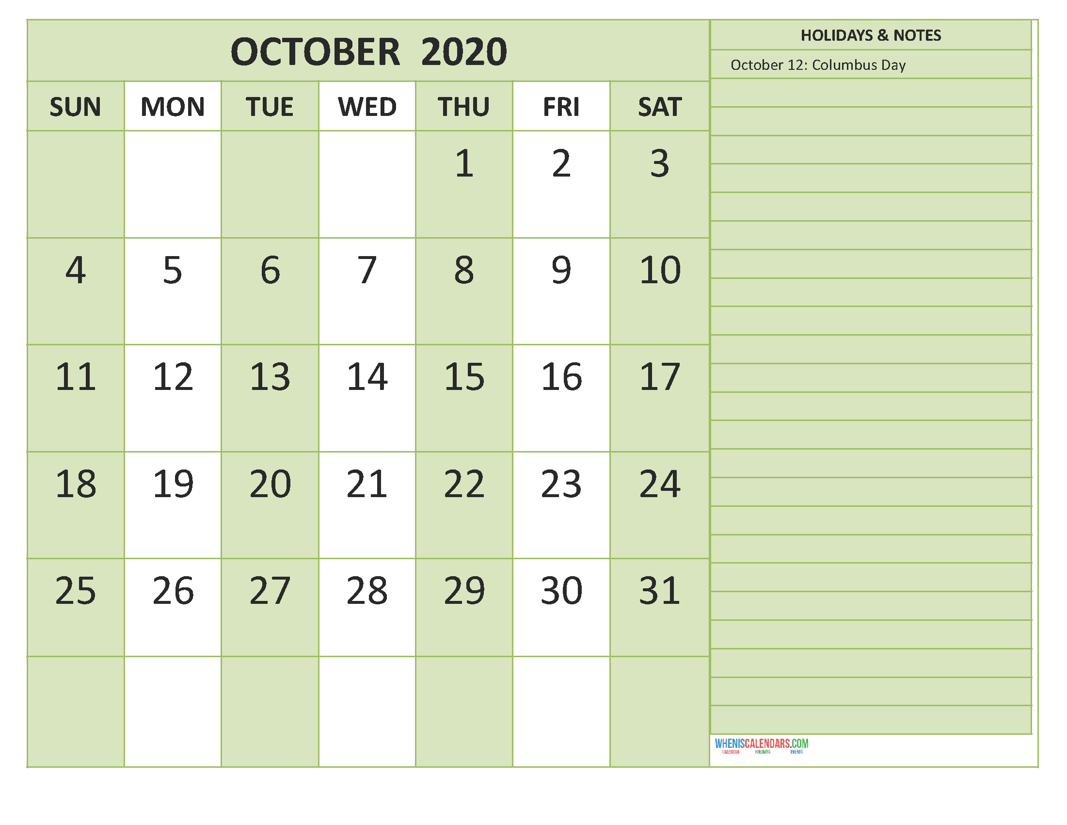 October 2020 Calendar with Holidays Free Printable