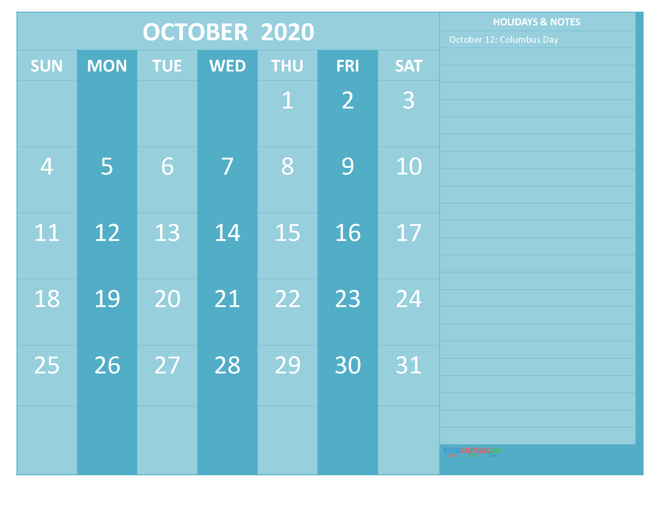 Free Printable Monthly 2020 Calendar with Holidays October