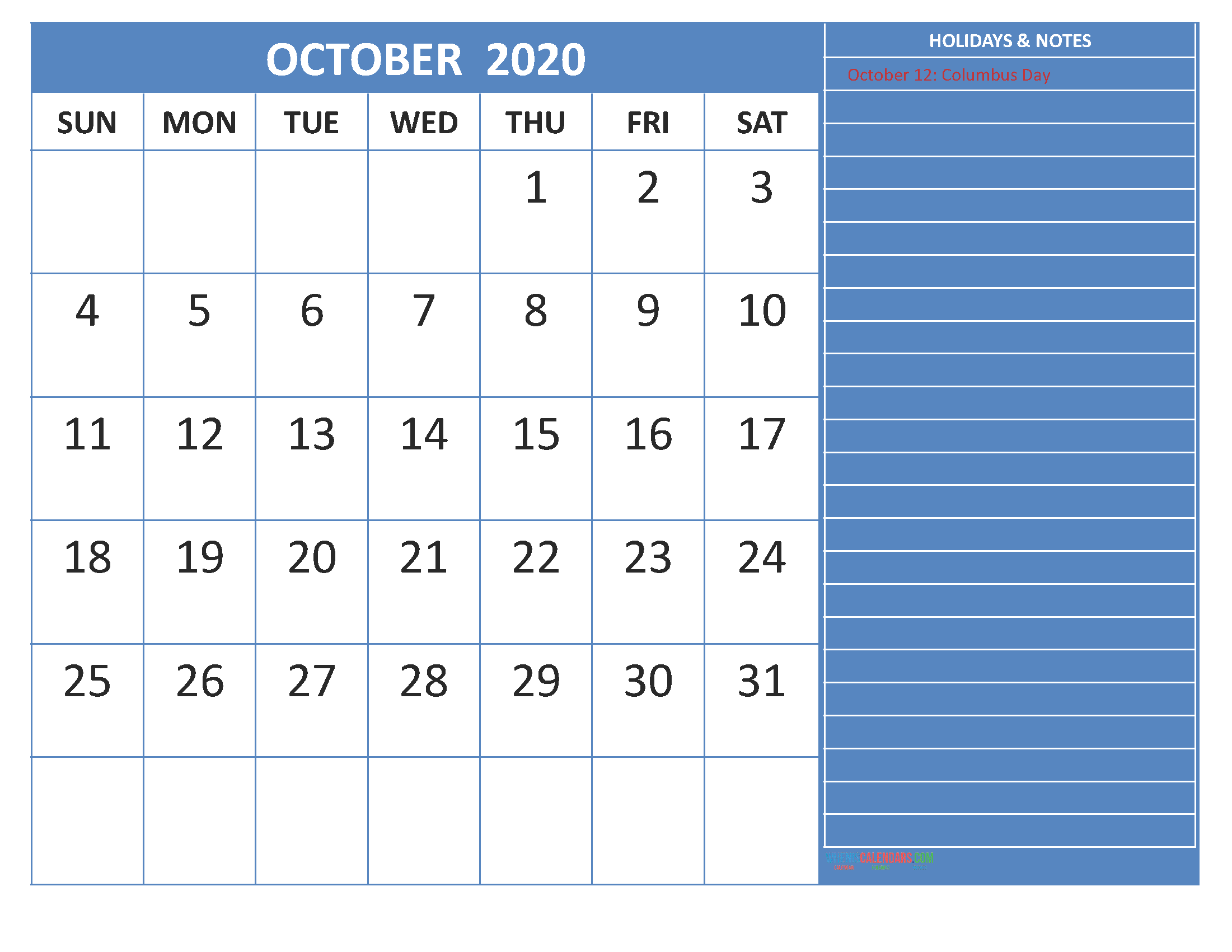 Free Printable Monthly Calendar 2020 October with Holidays