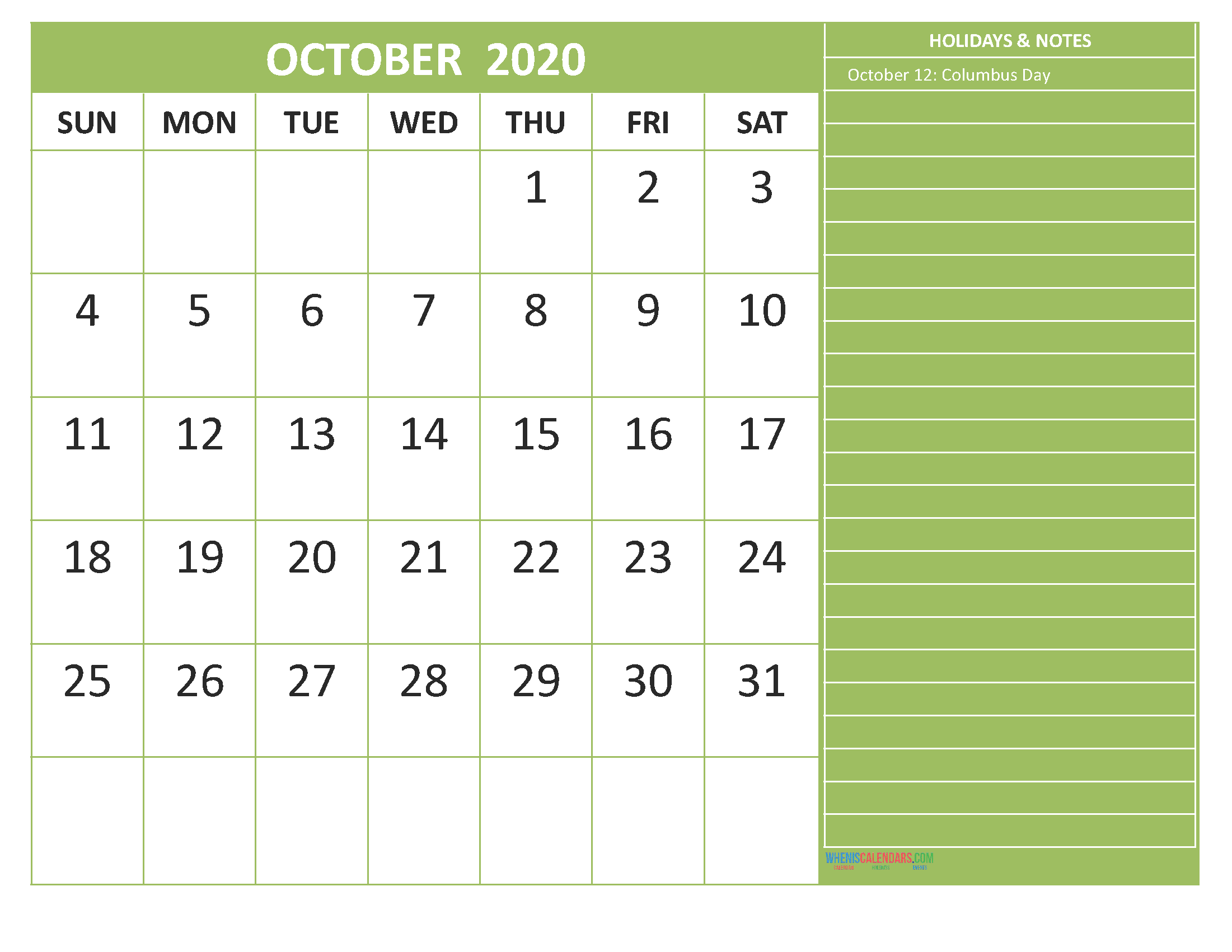 Free Monthly Printable Calendar 2020 October with Holidays